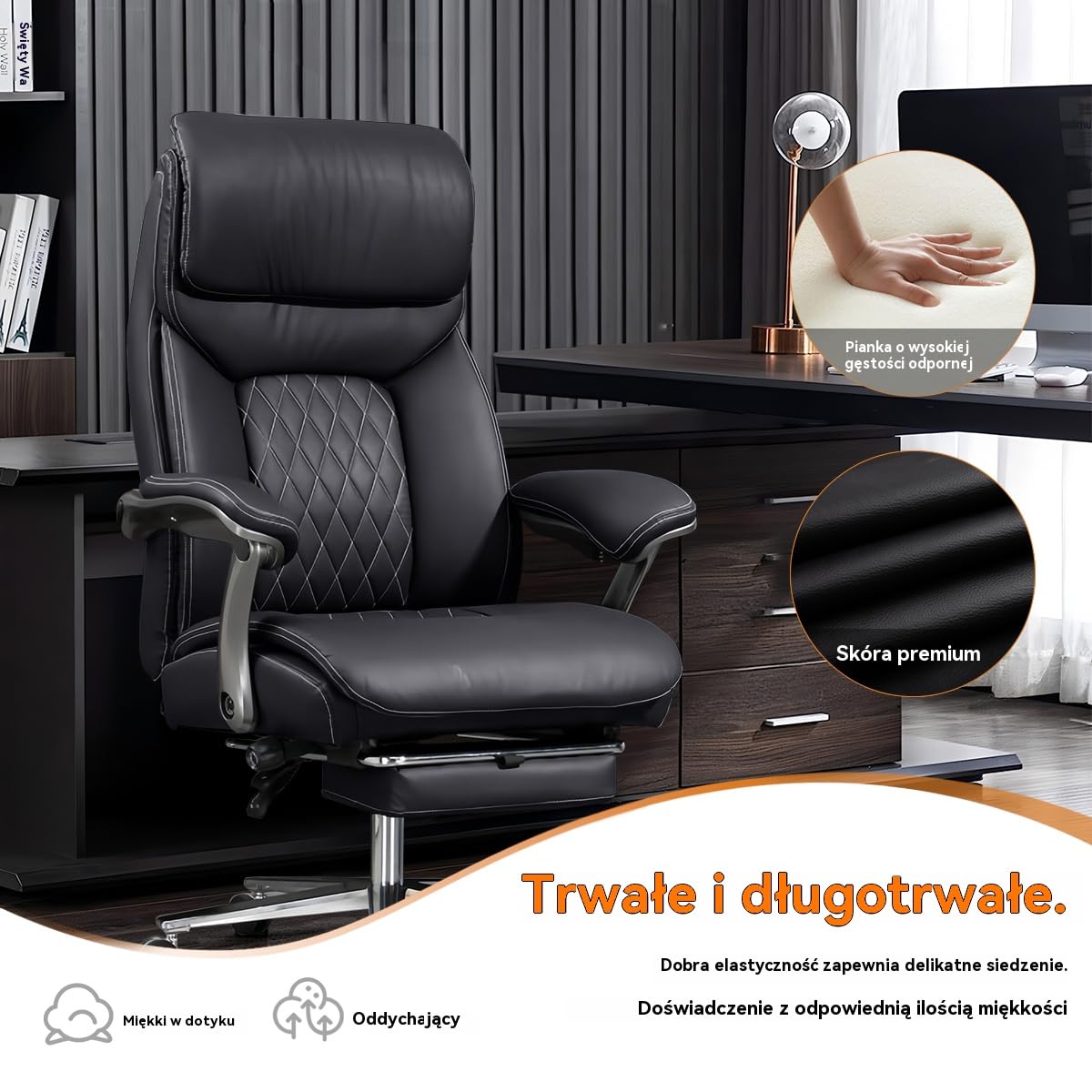Duże I Wysokie Krzesło Biurowe Do 600 Lbs,Szerokie Skórzane Krzesło Dyrektorskie Z Chowaną Podnóżkiem,Wytrzymałe Ergonomiczne Krzesło Komputerowe Z Regulowaną Wysokością(Czarny)