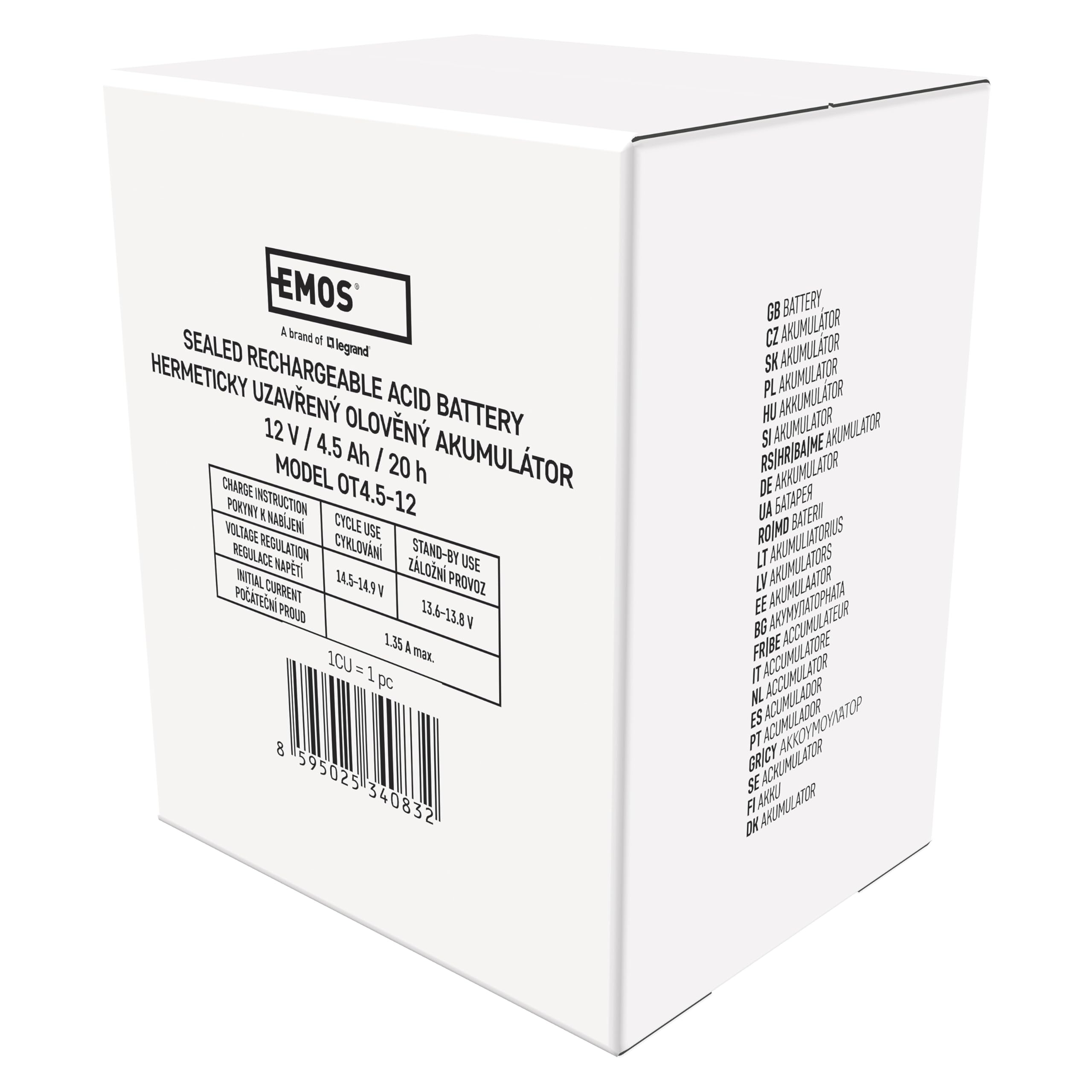 EMOS - Batteria al piombo senza manutenzione - 12V 4,5Ah - Batteria AGM - Connettore Faston 4,7mm - Per illuminazione di emergenza, sistemi di allarme, tecnologia di rilevamento incendi, UPS