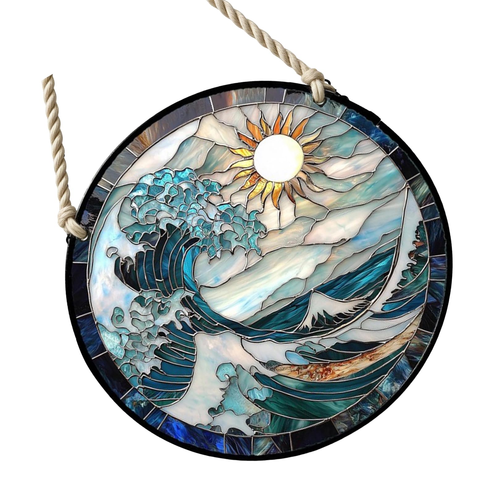 And White Waves Suncatchers Stained Glass Window Hanging Panel with Metal Chain Decors Blue and White Waves Stained Window Hanging