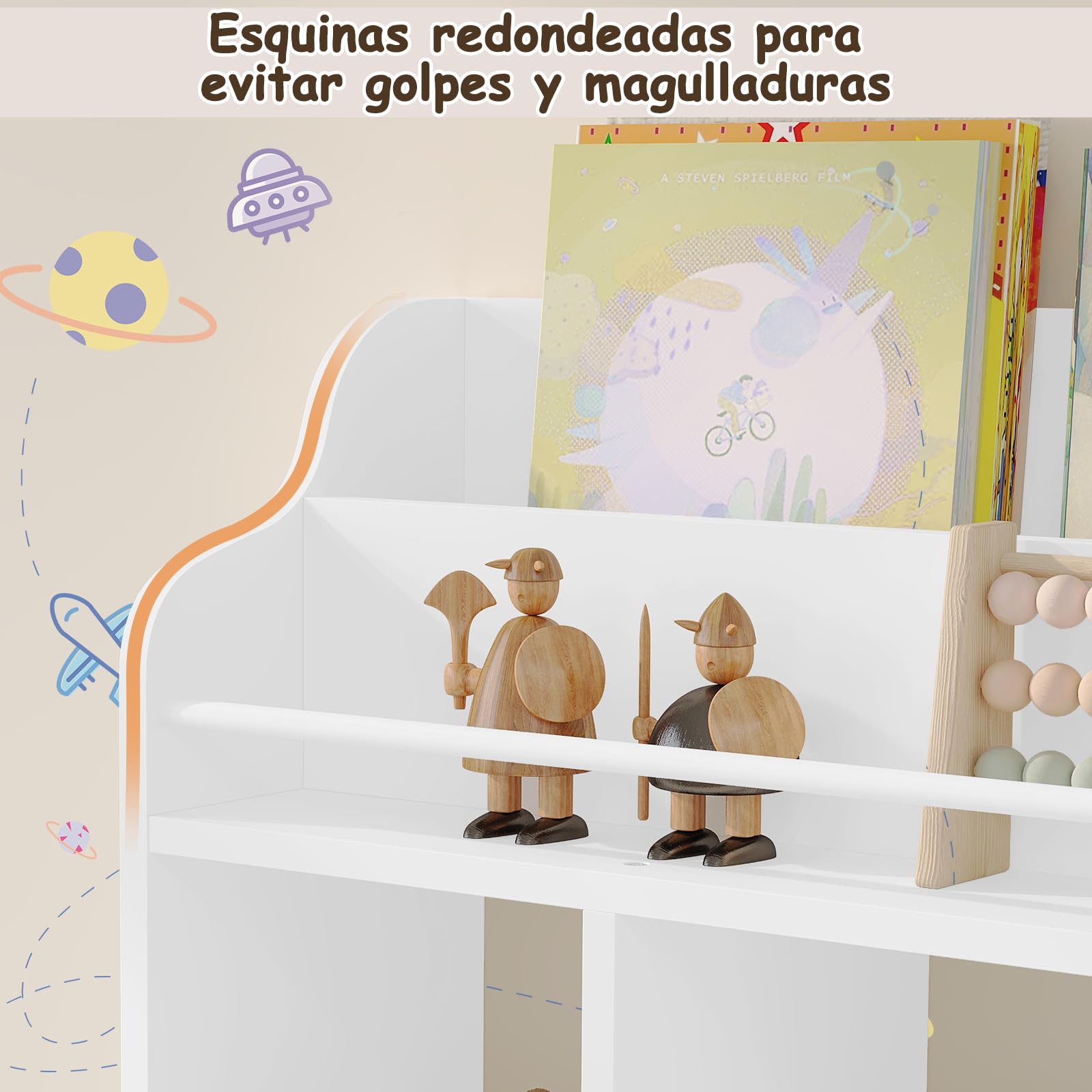 WOLTU Estantería Pared, Librería Infantil Flotante, Estantes de Pared | con 3 Compartimentos y 4 Ganchos de Pomo, para Niños, para Guardería, Habitación Infantil y Sala de Juegos, Blanco