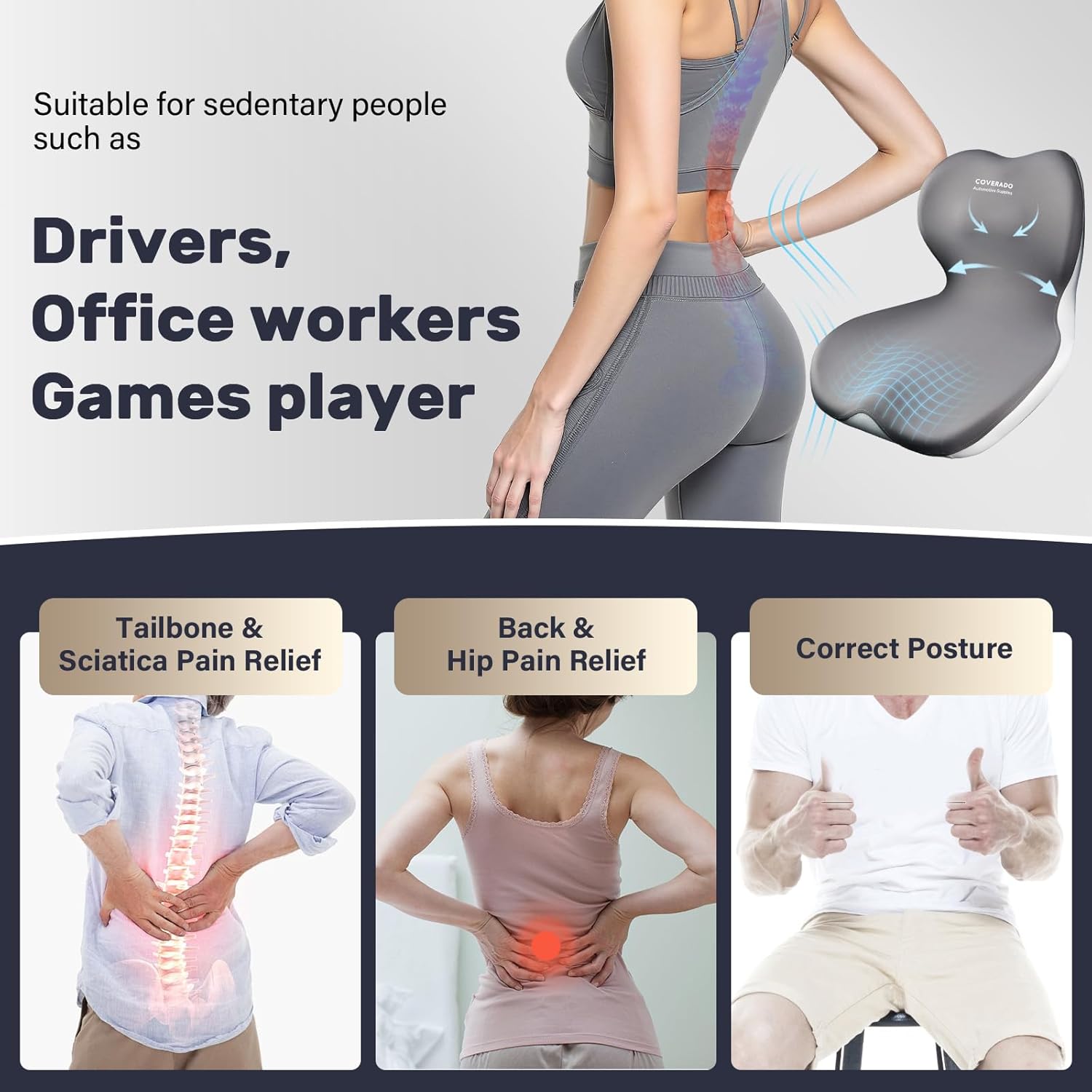 Coverado Car Seat Cushion and Lumbar Support Pillow One Piece, Memory Foam Ergonomic Back Support Driving Seat Cushion for Back Pain, Non-Slip Washable Cushion for Car, Driver, Office - Image 8