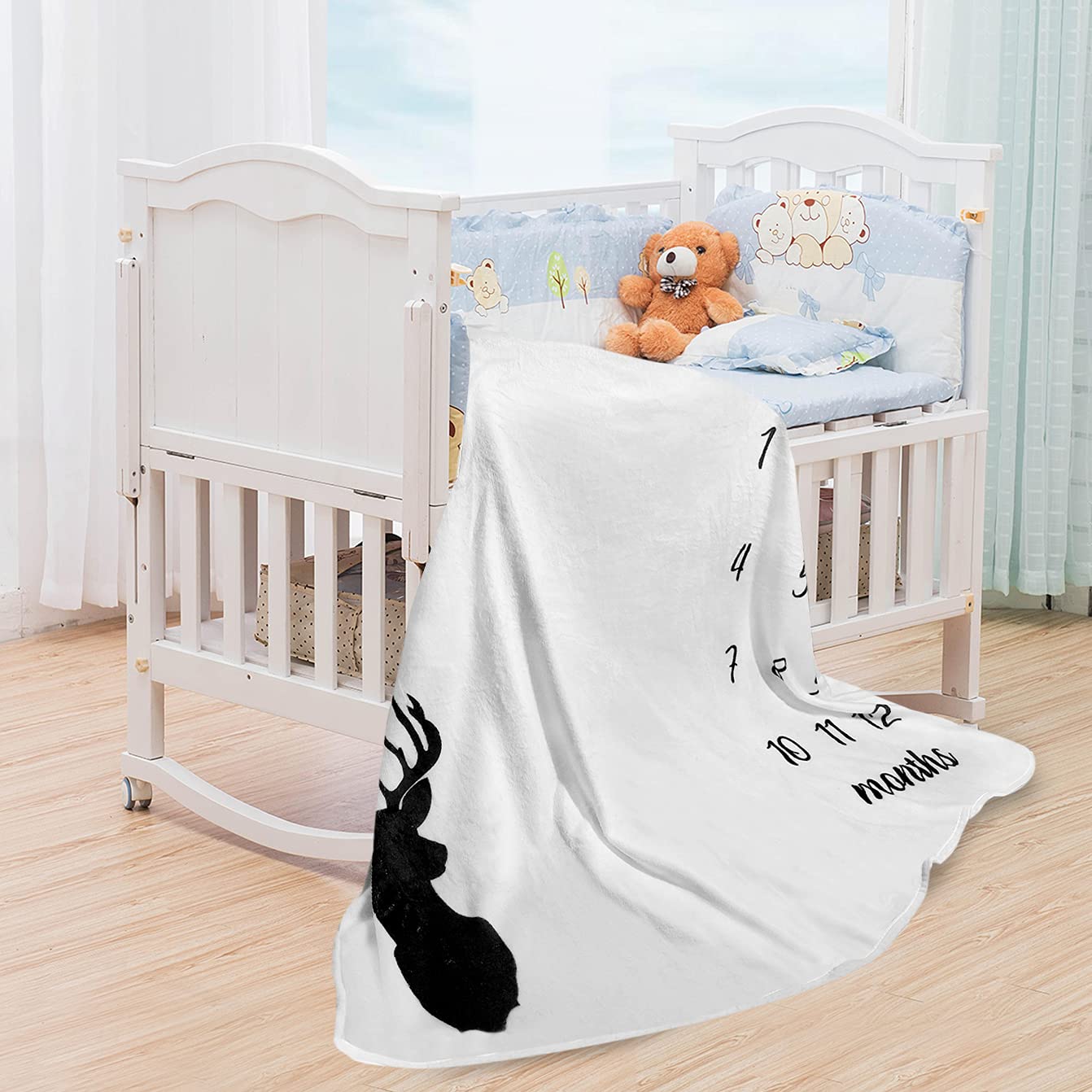 Manta mensual para bebé – Manta para recién nacido, unisex, neutral, personalizada, regalo de ducha, cornamentas de ciervos, decoración de guardería, fondo de fotografía con marco grande de 128 x 100
