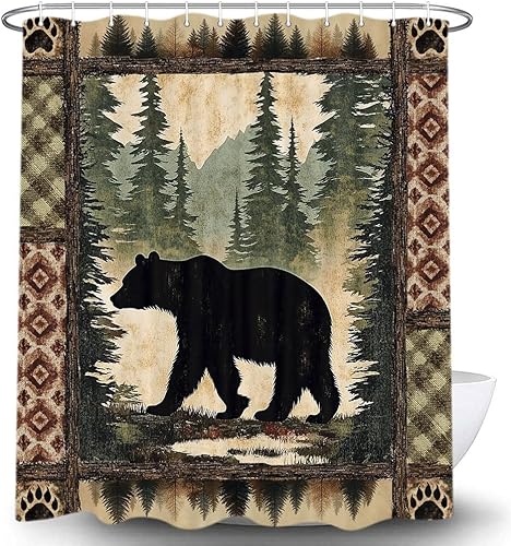 Uokiuki Cabin Bear Shower Curtain, Rustic Deer Hunting Decor Bath Curtains, Farm