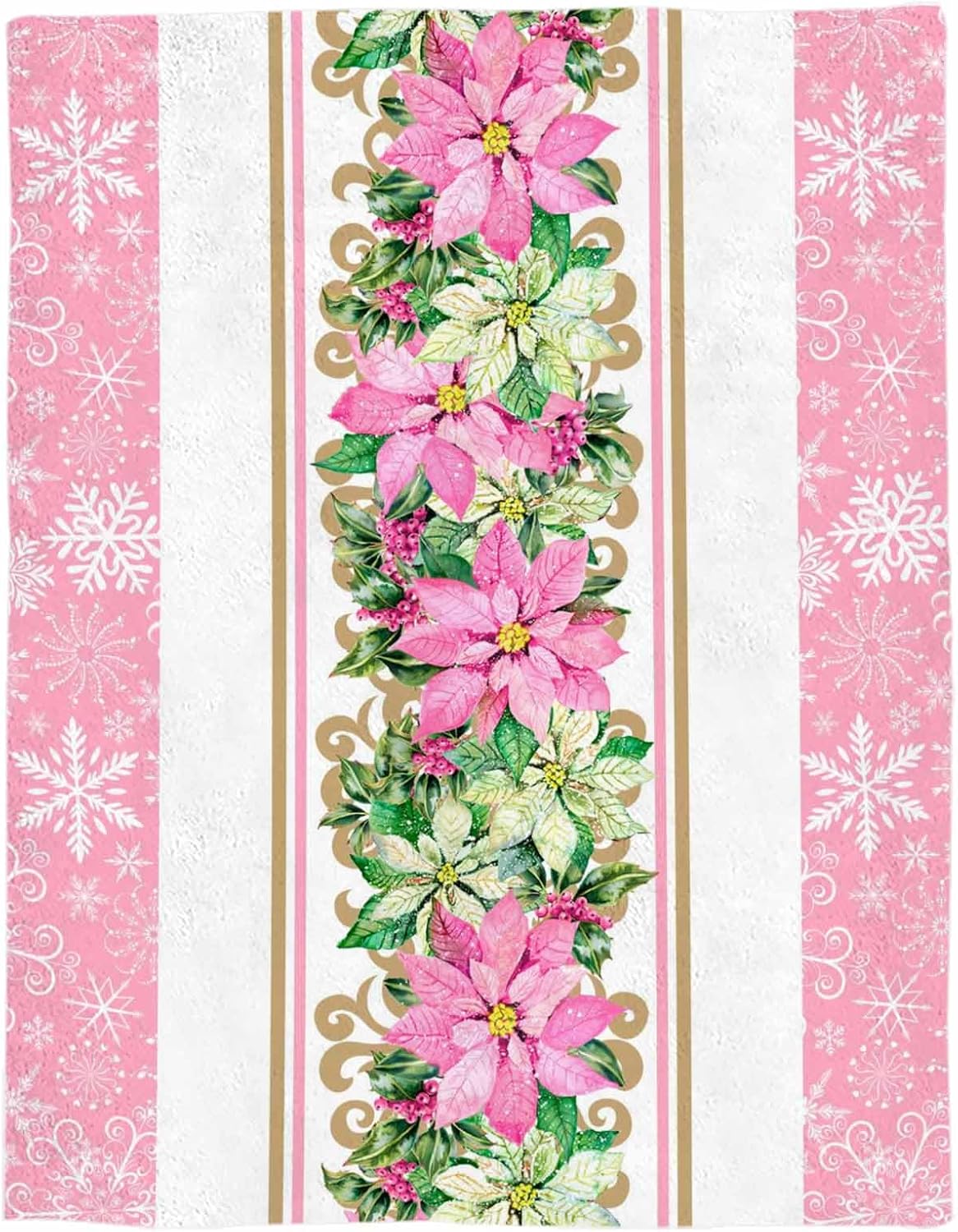 Pink Poinsettia Christmas Throw Blanket Flannel Fleece, Soft Plush Cozy Baby Blankets, Xmas Berry Botanical Winter Snowflake Blankets Throws Warn Fuzzy Blanket for Couch/Sofa/Chair/Travel 40"x50"