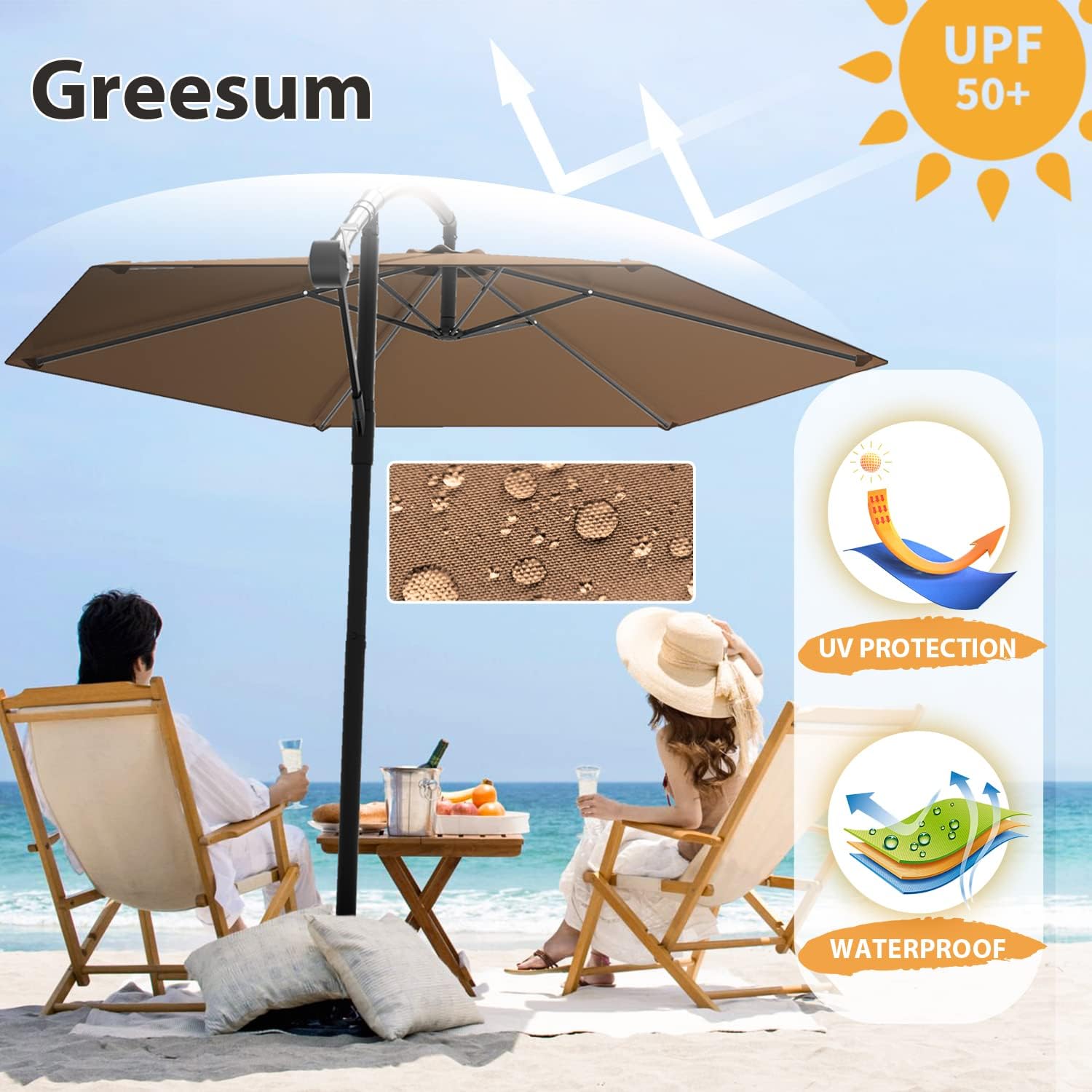 Greesum 10FT Offset Patio Umbrella with 6 Ribs, Outdoor Market Hanging Umbrella with Crank and Easy Tilt, for Garden, Lawn, Backyard & Pool, Without Base, Brown