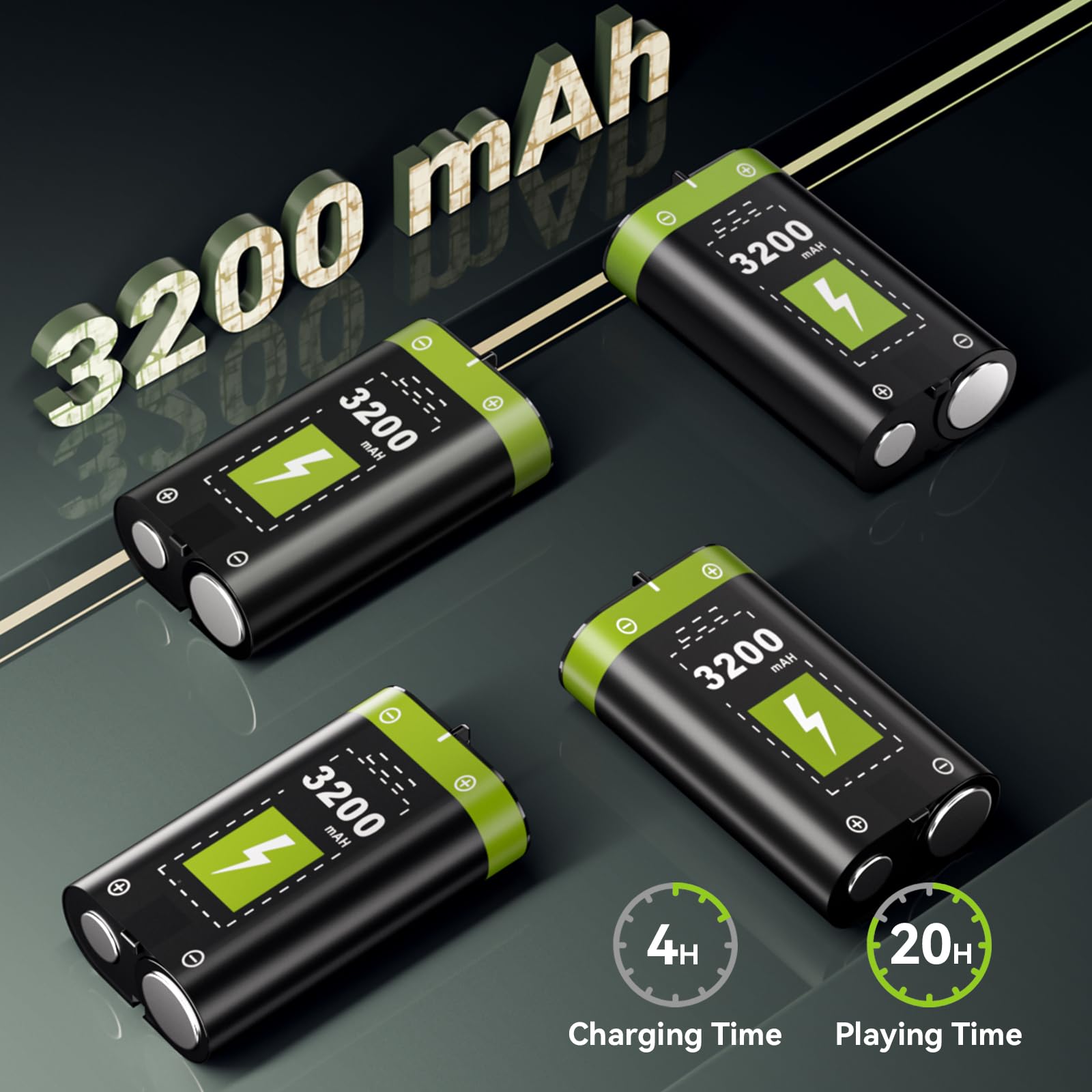 Lot de 4 batteries rechargeables de 3200 mAh pour manette Xbox Series X/Xbox Series S/Xbox One/Xbox One S/X/Elite, kit de batterie rechargeable avec station et câble de type C