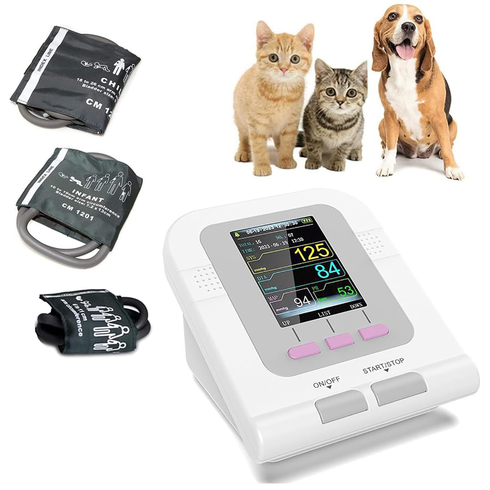Monitor De Presión Arterial Veterinario, Monitor De Presión Arterial Veterinario Digital Con Brazalete, Pantalla Lcd De 2,8 Pulgadas, Incluye 3 Brazaletes, Memoria Para 100 Registros, Para El