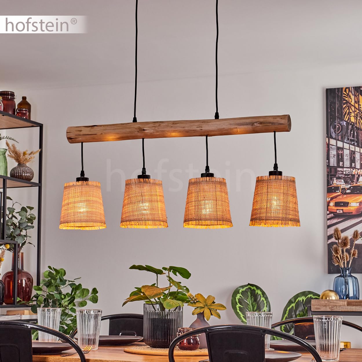 Lámpara colgante Soungou, moderna lámpara colgante de madera/metal/bastón en natural/negro/beige, lámpara colgante de 4 luces en diseño escandinavo, altura máx. 135 cm, 4 x E27, sin bombillas