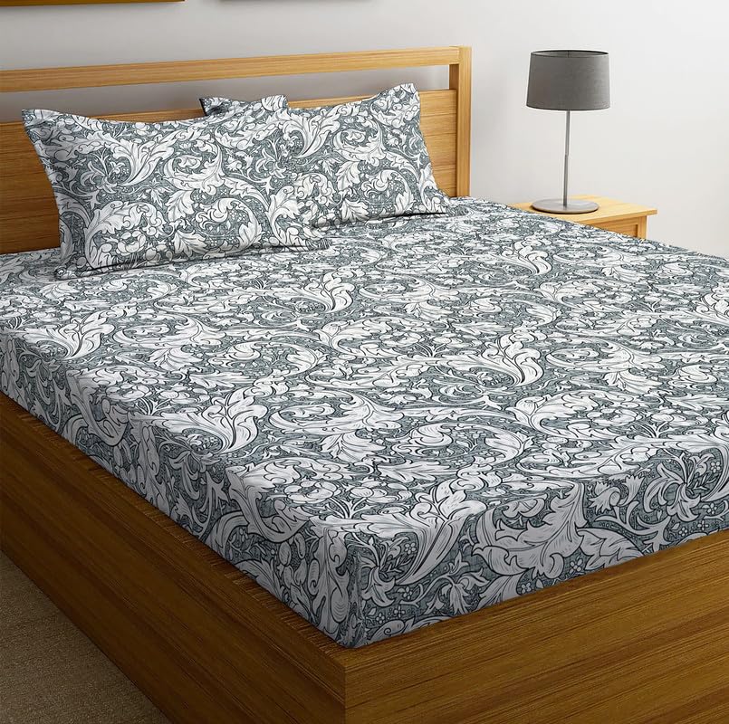 la’ amour Cotton Flat Double Bedsheets with 2 King Size Pillow Covers | Double Bed Breathable | Wrinklefree | Ultrasoft 180-220 tc Supersoft Floral | 90×90 Inches, White & Grey