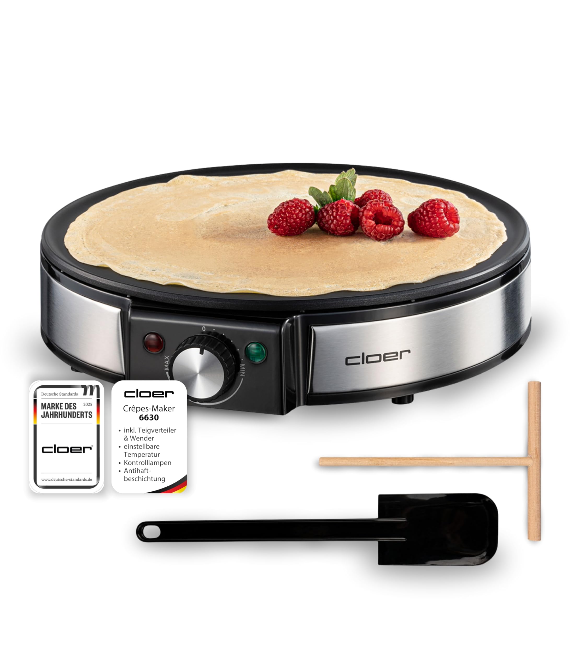 Cloer 6630 Crêpes-Maker für hauchdünne Crêpes, 30 cm Durchmesser, inkl. Teigverteiler und Wender, Crêpes-Platte mit Antihaftbeschichtung und stufenloser Temperaturkontrolle, 1200 W