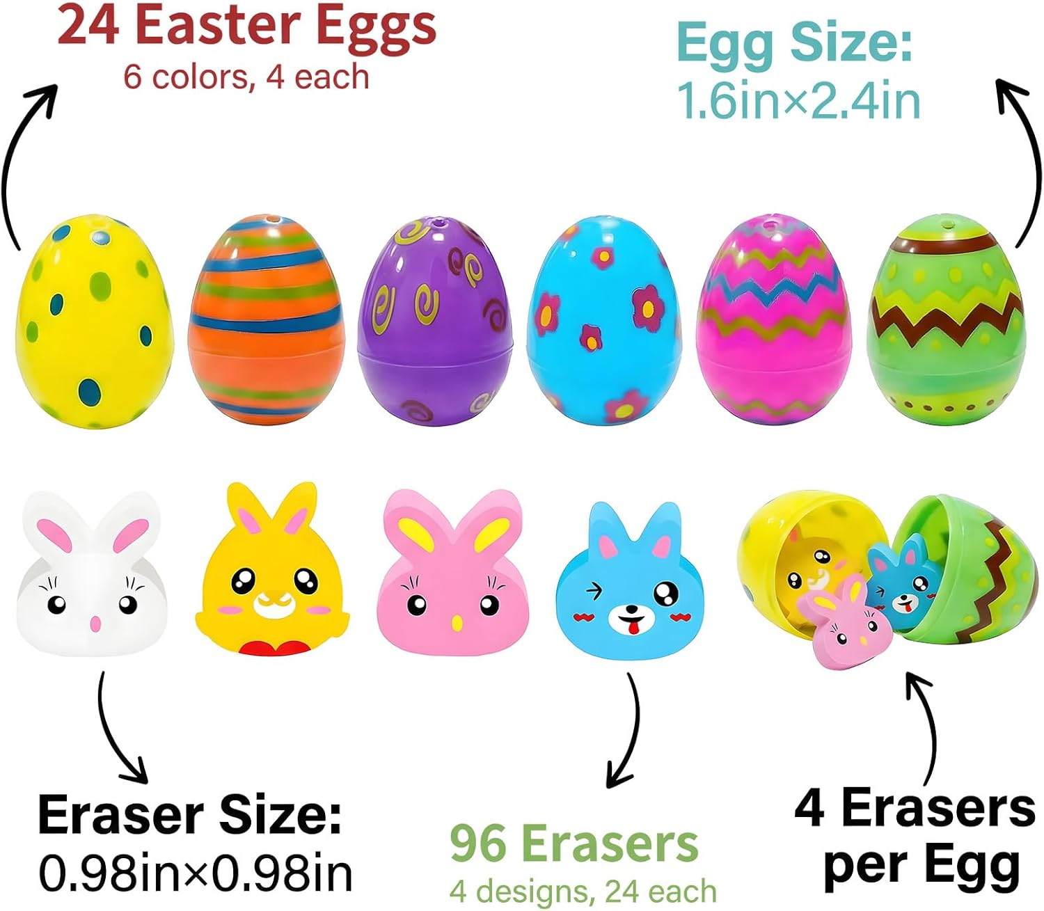 Yquqwn 48 Pcs Easter Egg Filler Set, Includes 24 Plastic Easter Eggs and 96 Bunny Erasers, DIY Perfect for Kids'Easter Basket Stuffers Easter Egg Hunts Easter Party Favors, Classroom Rewards
