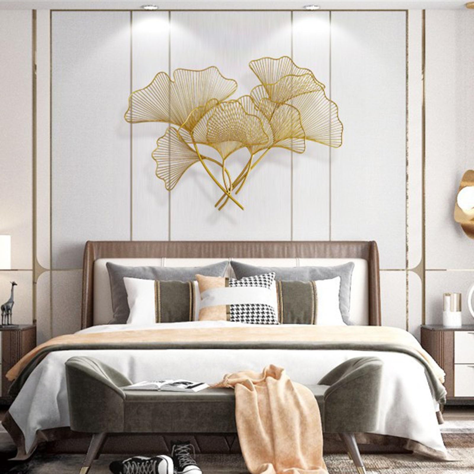 Vnook 3D Golden Ginkgo Leaves Metal Wall Decor Modern Home Wall Art Sculpture Handmade Wall Hanging Artwork Decoration for Study Living Room Bedroom Hotel Decor (Size : 120x82cm)