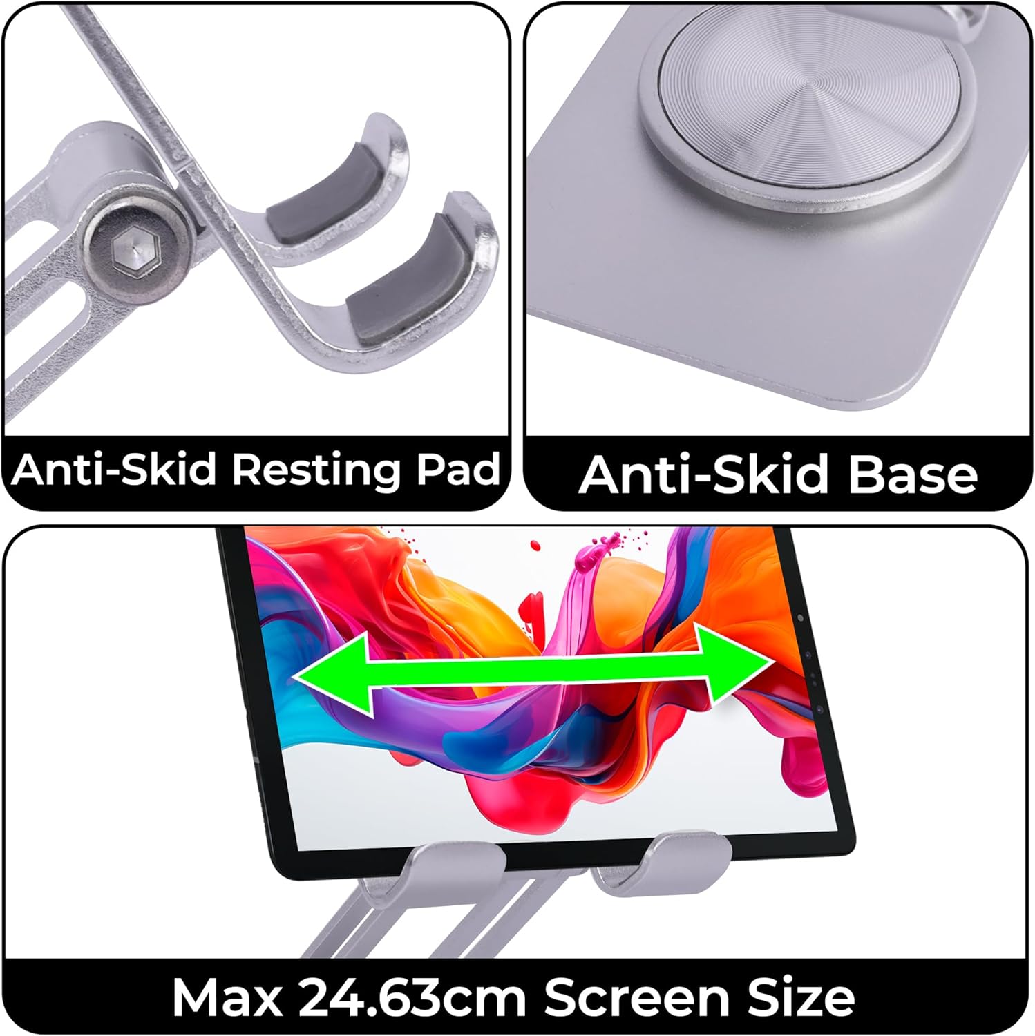 Close-up of the ZEBRONICS MTS150 Mobile Holder showing anti-skid resting pad, anti-skid base, and maximum screen size compatibility.