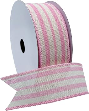Morex Ribbon Wired Linen Spring Cabana Stripes Ribbon, 1.5 inches by 10 Yards, Pink, 7579.40/10-020