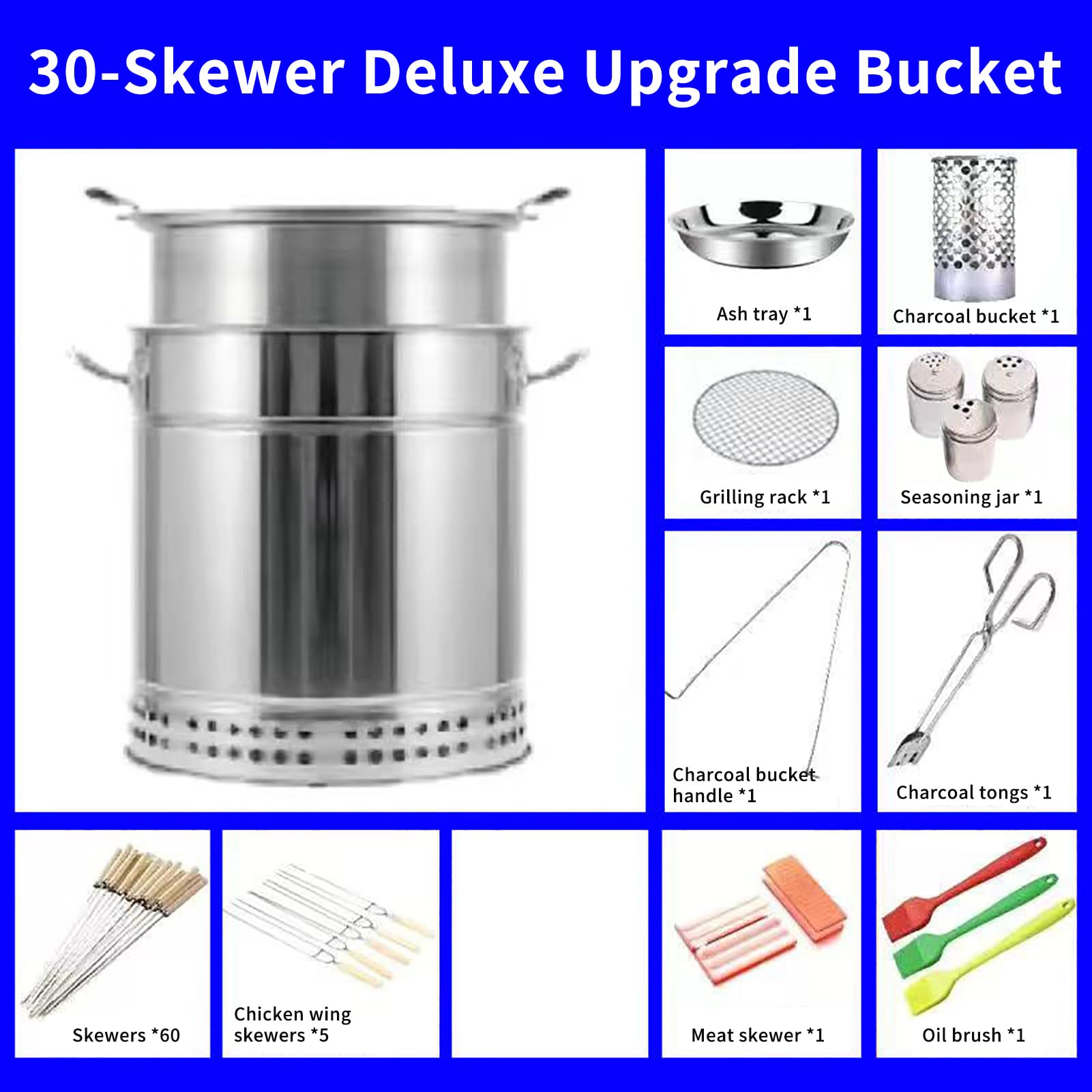 GAOXIAO Grill wewnętrzny, bezdymny węgiel drzewny, grill beczkowy, wiszący piec do grilla, grill ze stali nierdzewnej, siatka beczkowa, stojak na grill kempingowy silver Large (30 skewers)