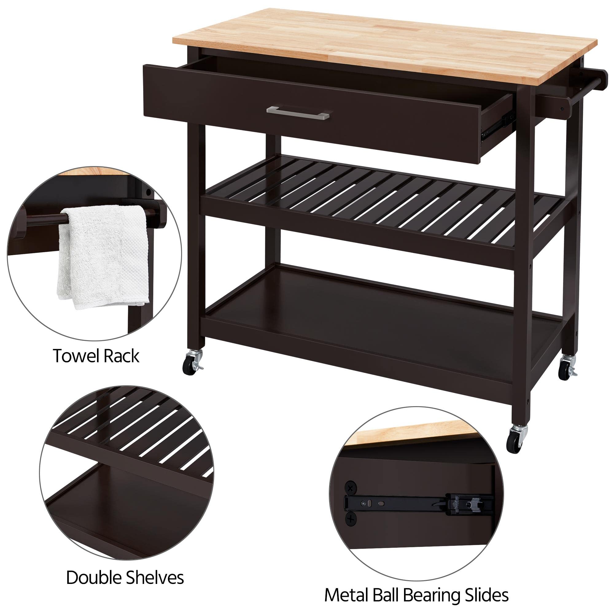 Yaheetech Desserte sur roulettes Solide, 101 x 51 x 92 cm Espresso | Plan de Travail Meuble de Cuisine, Étagère range-bouteilles, 2 Roues avec Frein, 1 Tiroir 2 Étagères Pour Bureau Cuisine