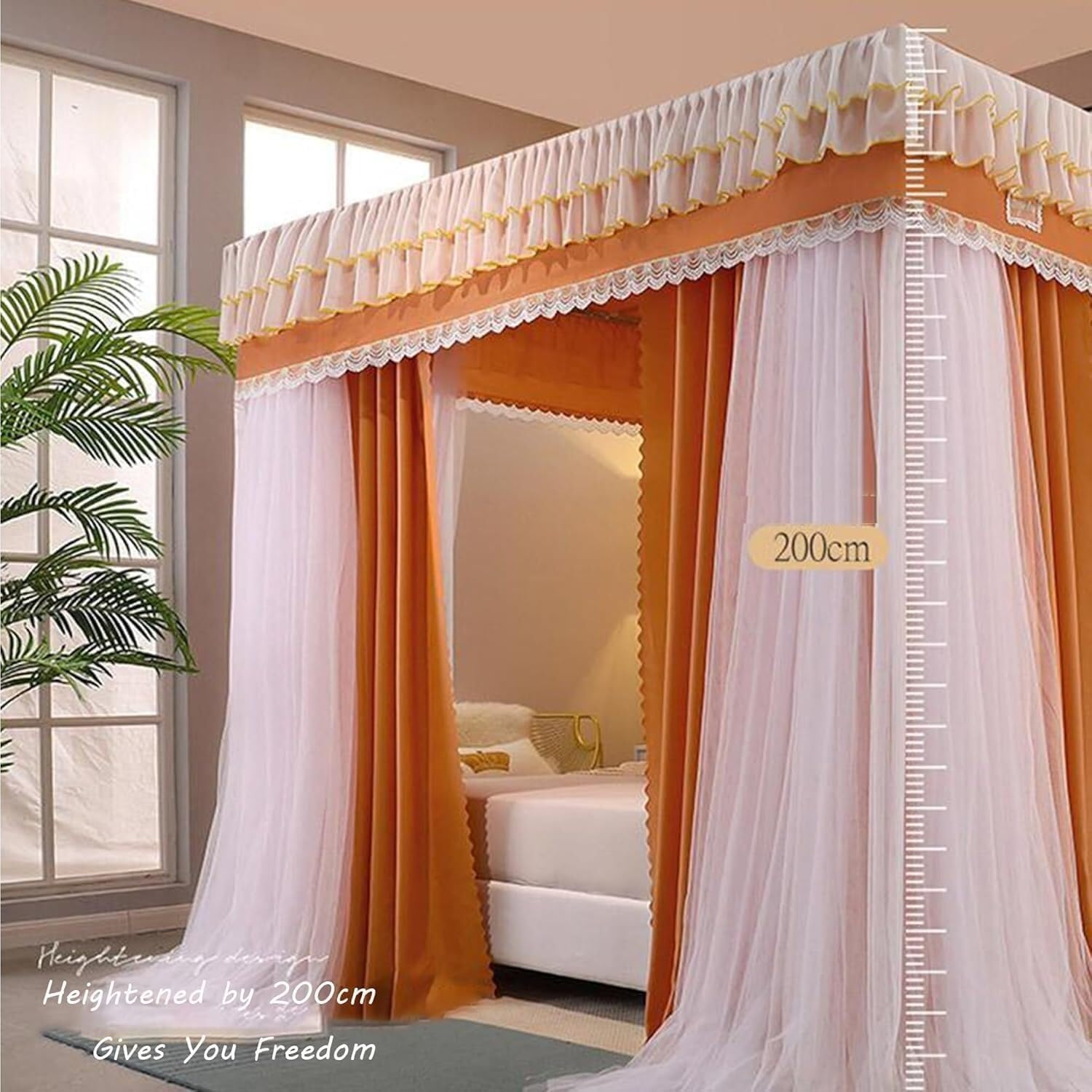Elegant Double-Layer Canopy Bed Curtains with Frame, Princess Bed Tent, Blackout & Privacy, Lace Ruffle for Girls & Adults, Fits Twin, Full, Queen, King(Orange,Twin XL (47x79x83inch))