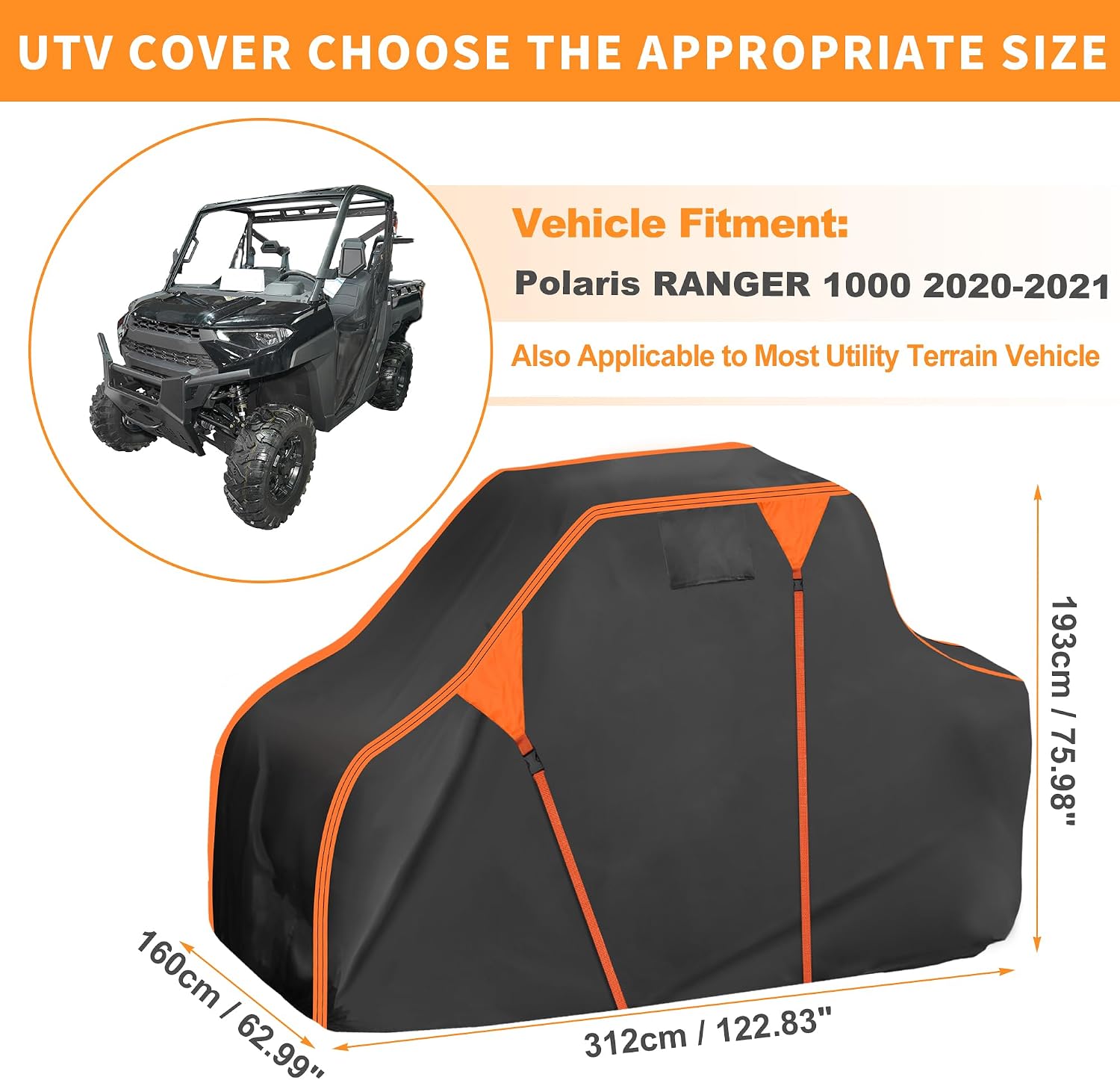 X AUTOHAUX UTV Cover for Polaris for Ranger 1000 2020-2021 Waterproof Side by Side Cover Outdoor Sun Rain Storage Protection 210D-PU Black 312x160x193cm/122.83x62.99x75.98in