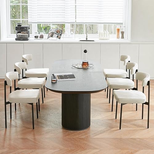 Miniatura 7 de Juego de 4 sillas de comedor de piel sintética beige, silla de cocina tapizada sin brazos, moderna silla de comedor con respaldo curvado Cuero