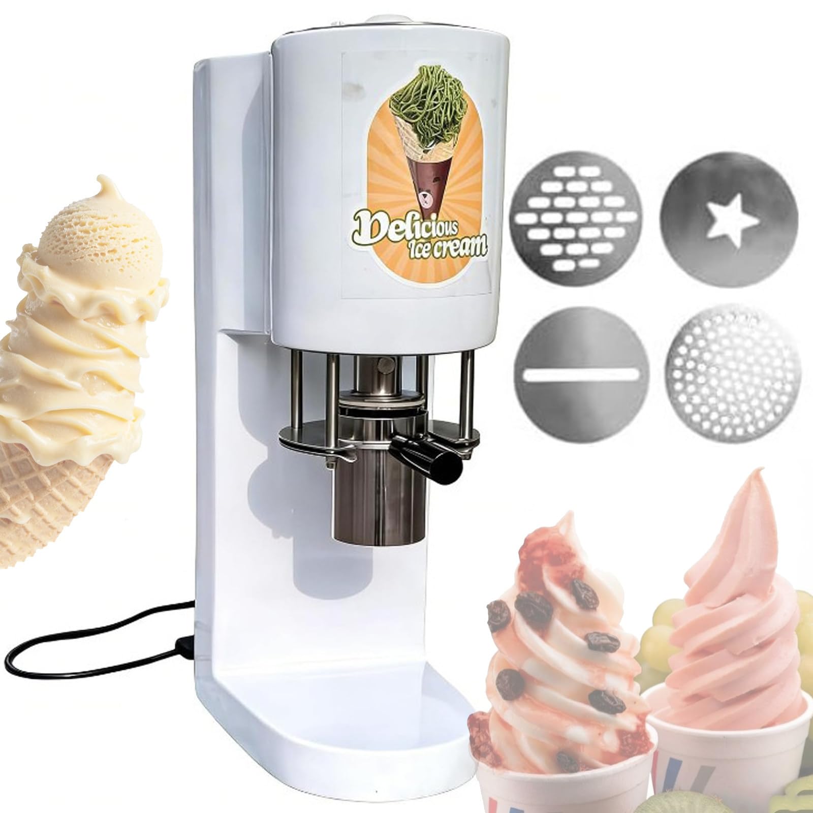 Quixnova Professional Spaghetti Ice Cream Machine – 80W Ice Cream Noodle Extruder for Restaurants, Bars and Dessert Shops, Includes 4 Interchangeable Molds, 28-30 L/h Output White
