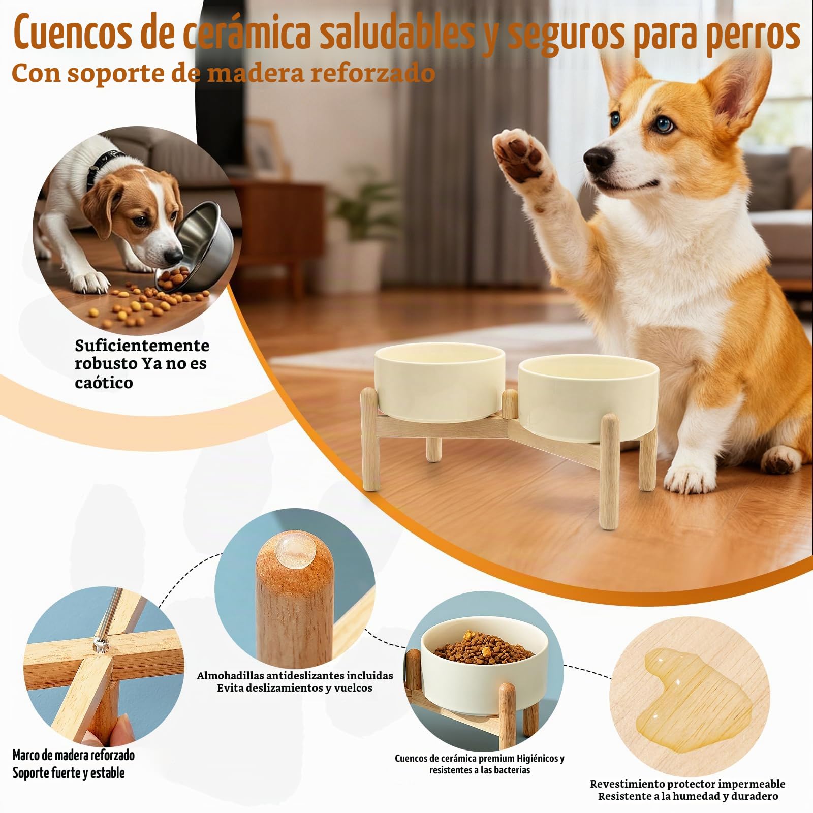 Comedero Perro Elevado de Cerámica 850 ml – Cuenco Doble con Soporte de Madera Antideslizante – para Comida y Agua – Ideal para Perros Pequeños y Medianos – Fácil de Limpiar