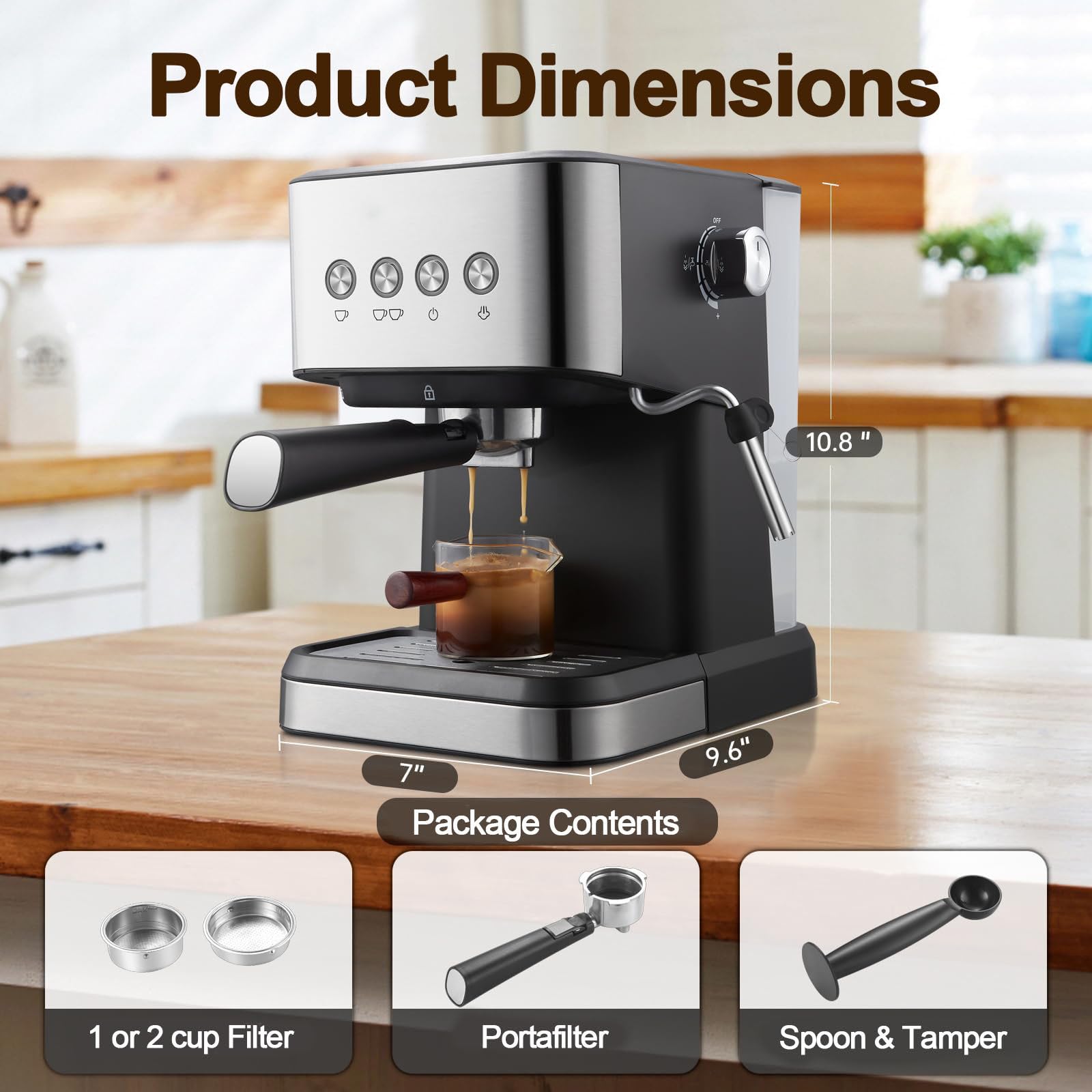 Cafetera Espresso compacta, 20 Bares de presión, Aspecto Profesional con Lanza de Vapor, café Calidad Barista Hecho en casa con café molido, depósito de Agua de 1,5 litros