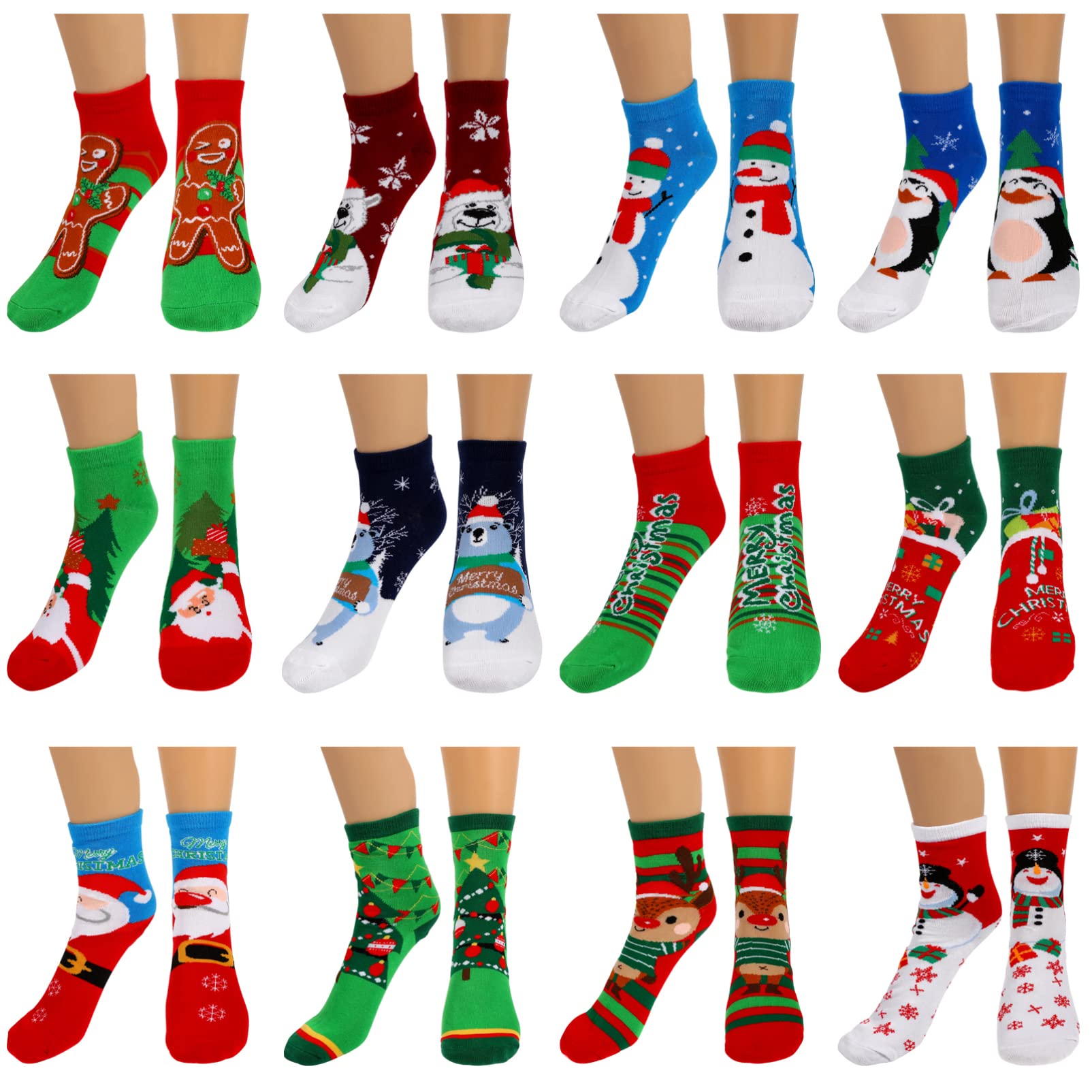 NUOBESTY 12 Paar Weihnachtscountdown Baumwollsocken mit Festlichen Motiven Wie Weihnachtsmann und Schneemann Wiederverwendbar und Waschbar für Gemütliche Winter und Weihnachtsfeiertage