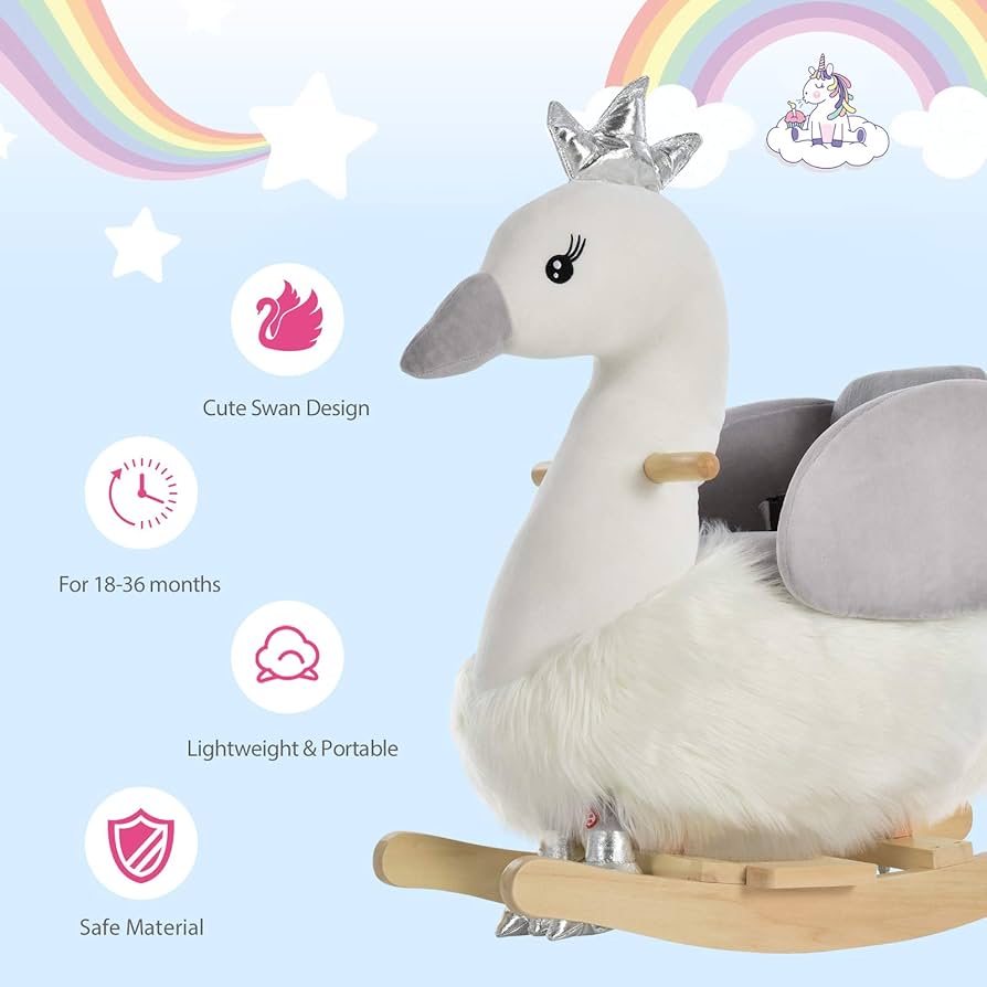 Kids Rocking Horse Plush Ride On Swan Toy W/ Safety Seat For Toddler 18 Months +, White And Pink On Anglia Market