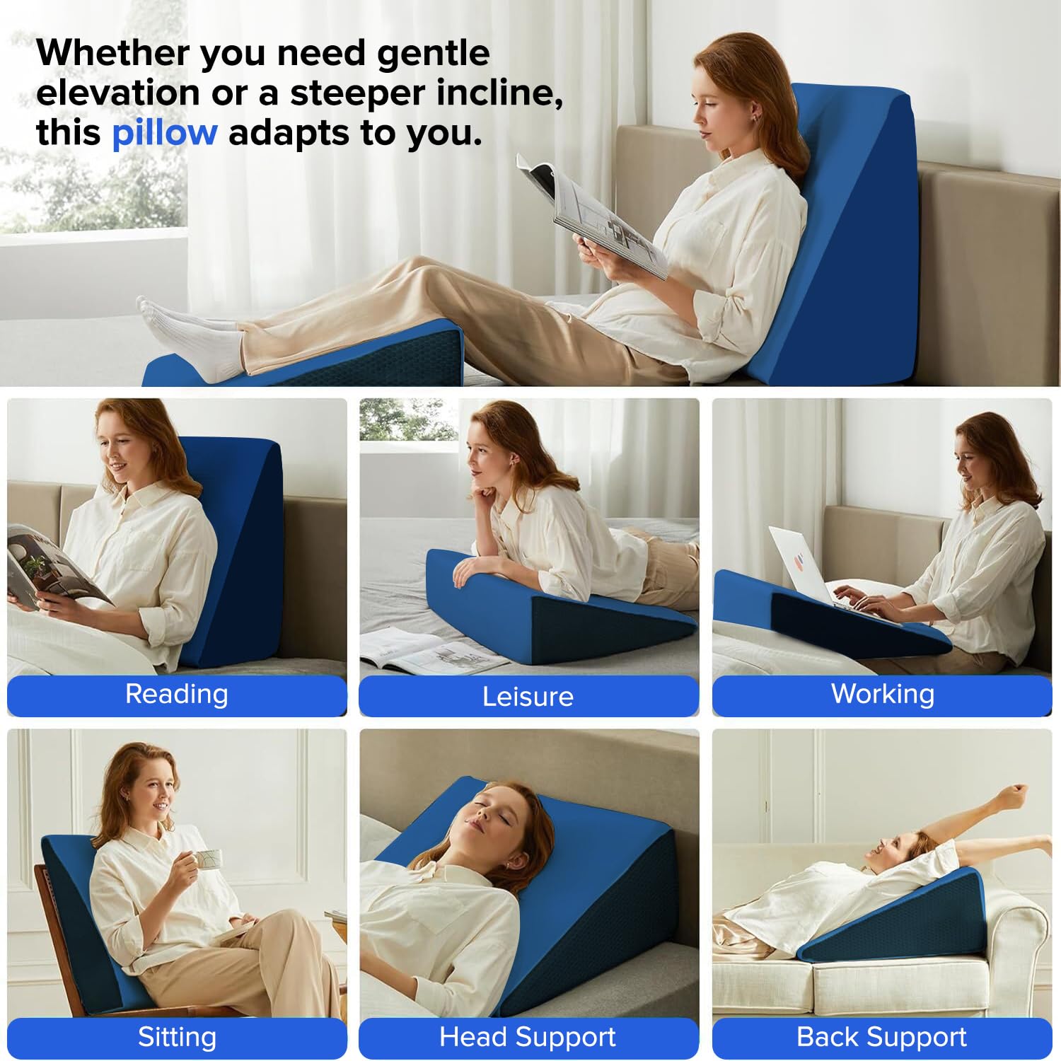 Amazon Basics Memory Foam Orthopedic Wedge Pillow |for Neck, Back Support, Cervical Pain, Acid Reflux, Snoring, GERD, Leg Elevation, Pregnancy -Ultra Soft Washable Velvet Cover -Blue, 25 x 44 x 45 CM - Image 6 thumbnail