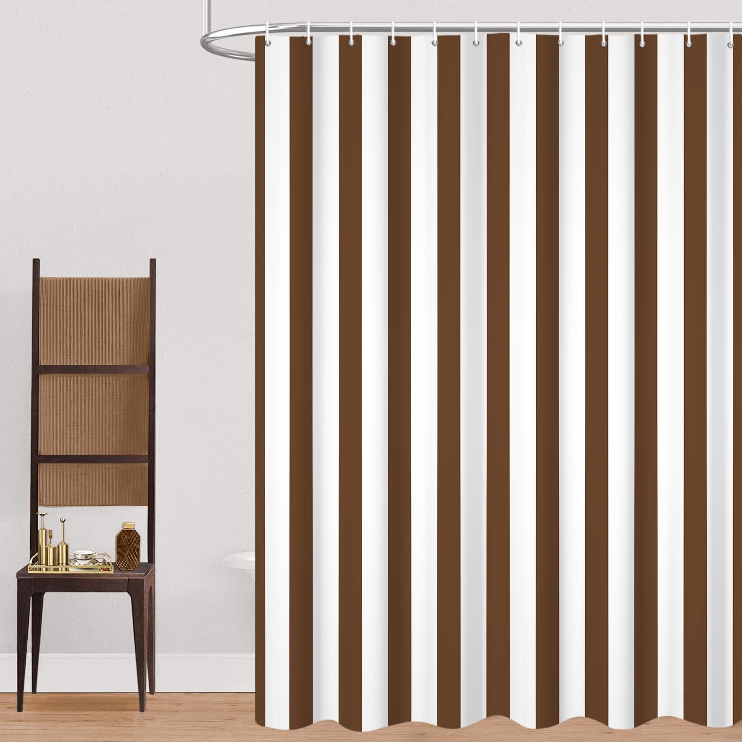 GCIREC Shower Curtain, 180x220cm, Brown and White Modern Minimalism Vertical Stripes Waterproof Fabric Machine Washable Bathroom Curtain with Hooks