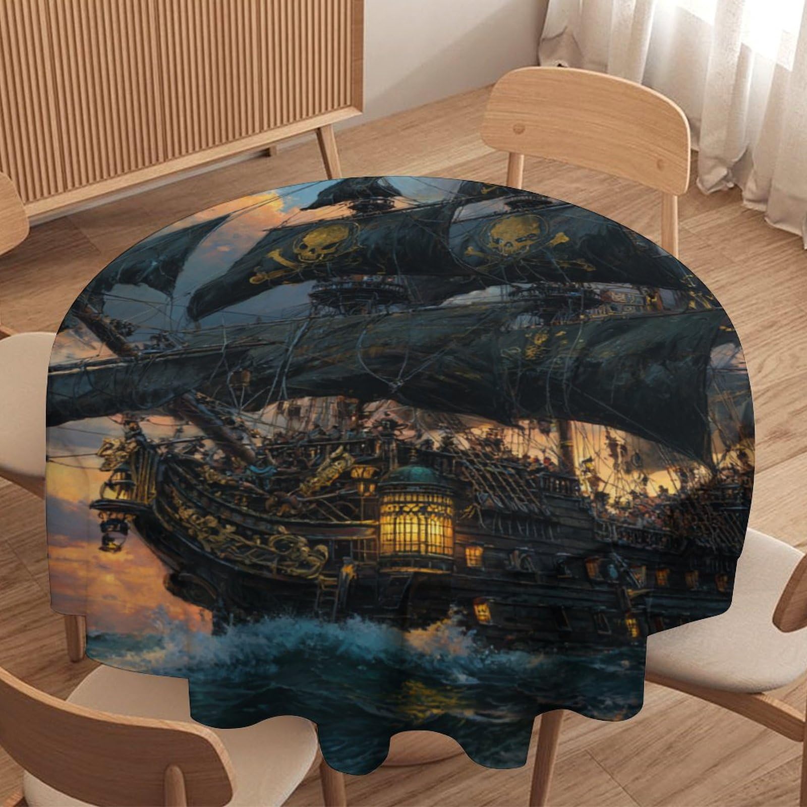 Luyysky Retro Nautical Pirate Ship Waterproof Round Tablecloth Realistic Watercolor Sunset Ocean Waves Animal Bird Seagulls Washable Table Cover For Kitchen-152.4" Wx152.4 L Cm