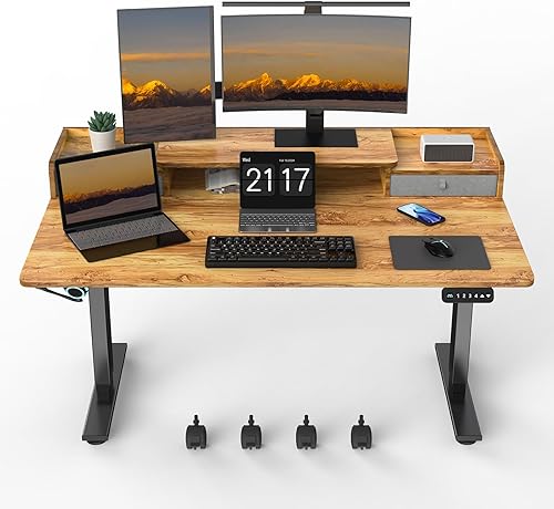 Escritorio eléctrico de pie de 55 x 30 pulgadas con 2 cajones, escritorio de pie ampliado de altura ajustable con estante de almacenamiento,