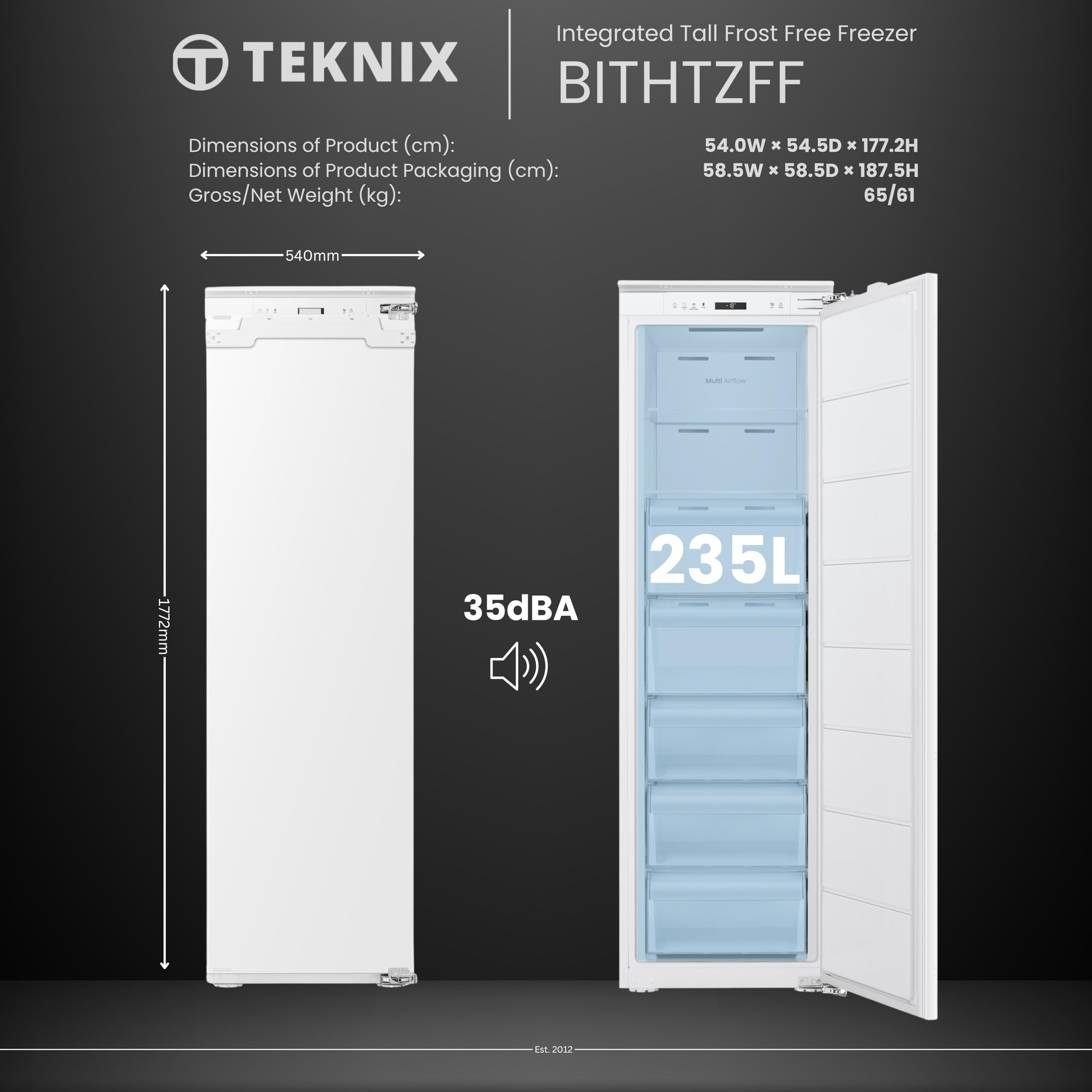 Teknix BITHTZFF Integrated Tall Freezer - Built-in with 235L Capacity - Total No Frost - Suitable for Outbuildings - Digitals Controls - Two Year Cover - White, H177.2 x W54.0 x D54.5 (cm) — view 3