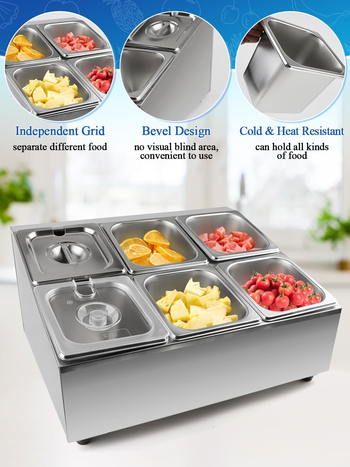 TOROKOM 6 Pfannen Edelstahl Zutatenbehälter Gewürz Organizer aus Edelstahl Salatbar Buffet Station mit Löffeln Kühlboxen Buffet Behälter Set für Soßen Zutaten Küche Restaurant Speisekammer