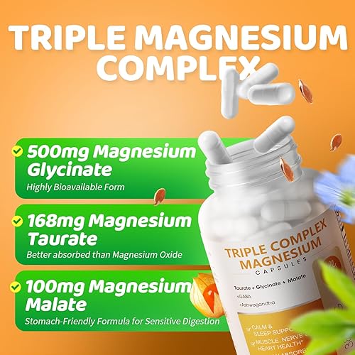 Miniatura 3 de Complejo triple de magnesio – Suplemento de glicinato de magnesio, taurato y malato con Omega3, Ashwagandha, GABA para dormir, soporte cerebral