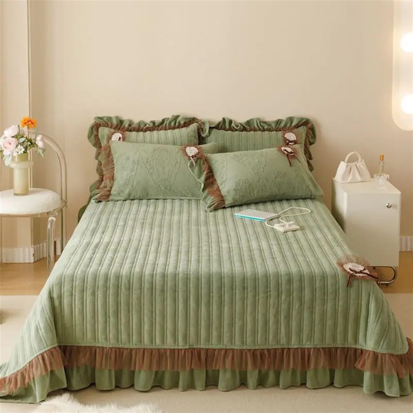 Juego de Falda de Cama Acolchada, colchas cálidas, Fundas de colchón de Invierno, Protector elástico, colchones, Fundas de Almohada, 3 uds.(Purple,270x270cm)