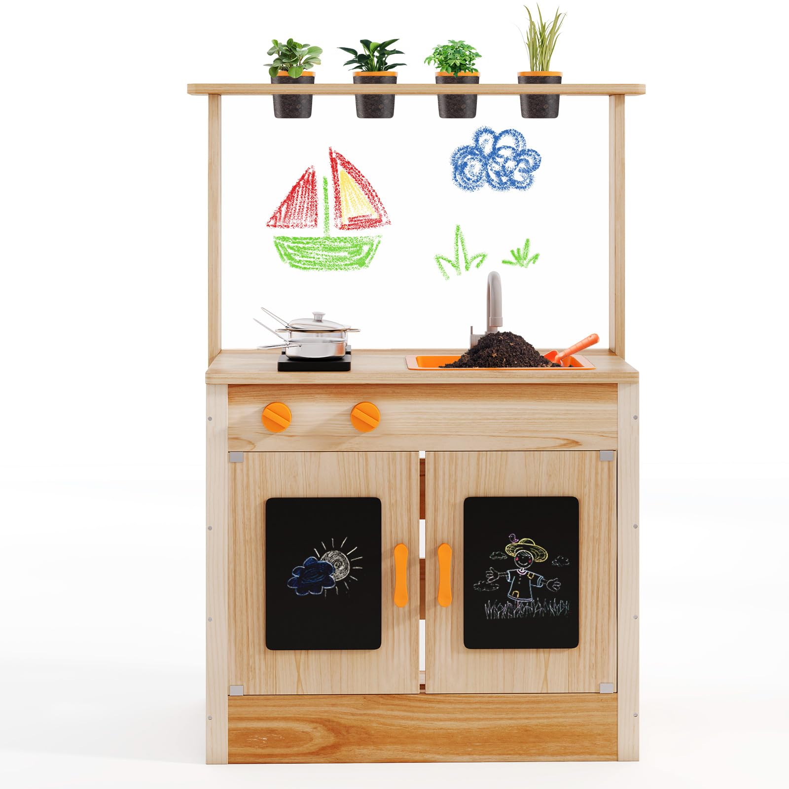 RELAX4LIFE Cucina Giocattolo per Bambini, Cucina da Esterno in Legno con Fornelli, Lavandino, Lavagna, Gessetti e Gomma, Cucina Giocattolo Interattiva per Bambini 3+ Anni (Cucina)