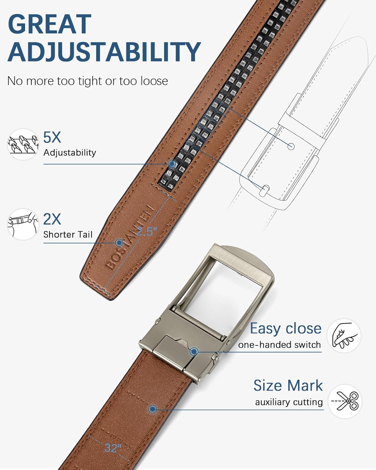 BOSTANTEN Ratchet Leather Belt For Men 2 Pack Dress and Casual with Adjustable Buckle, Trim to Fit - Image 3