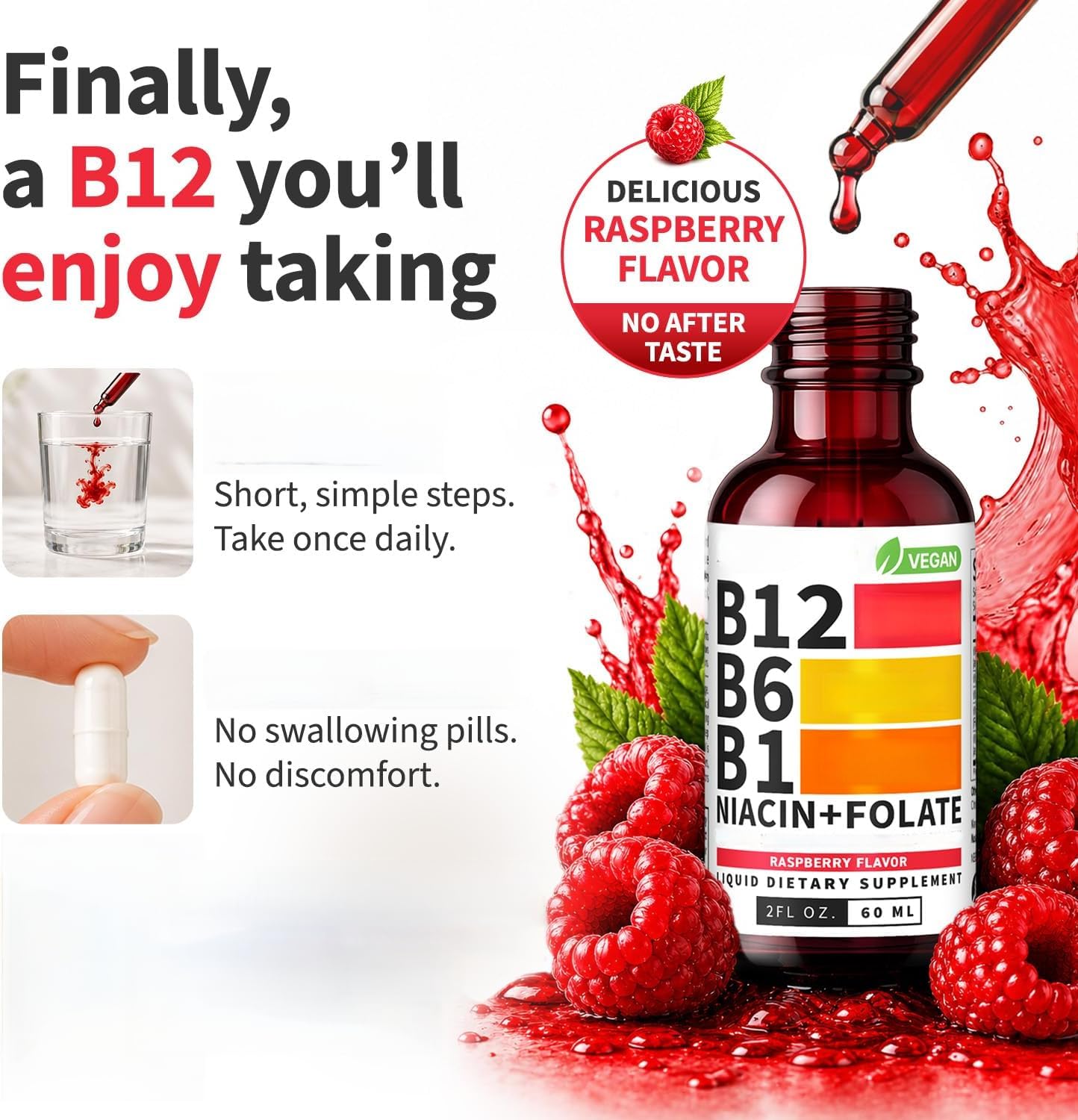 Gotas líquidas de complejo B 5 en 1, 5000 mcg de metilo B12 con folato de niacina B1 B6, frambuesa sublingual para apoyo energético, cerebro y corazón, paquete de 2
