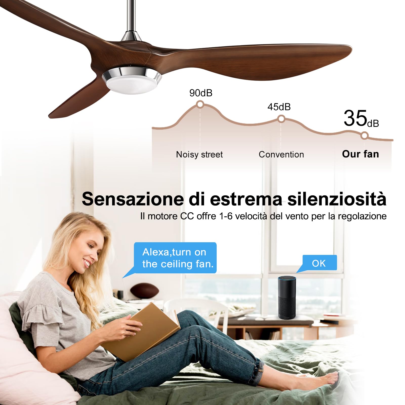 reiga 132cm Ventilatore da Soffitto con Lampada LED Dimmerabile, 3 Pale ABS, Telecomando, Motore CC Silenzioso, Inversione, 6 Velocità (Marrone-Scuro)