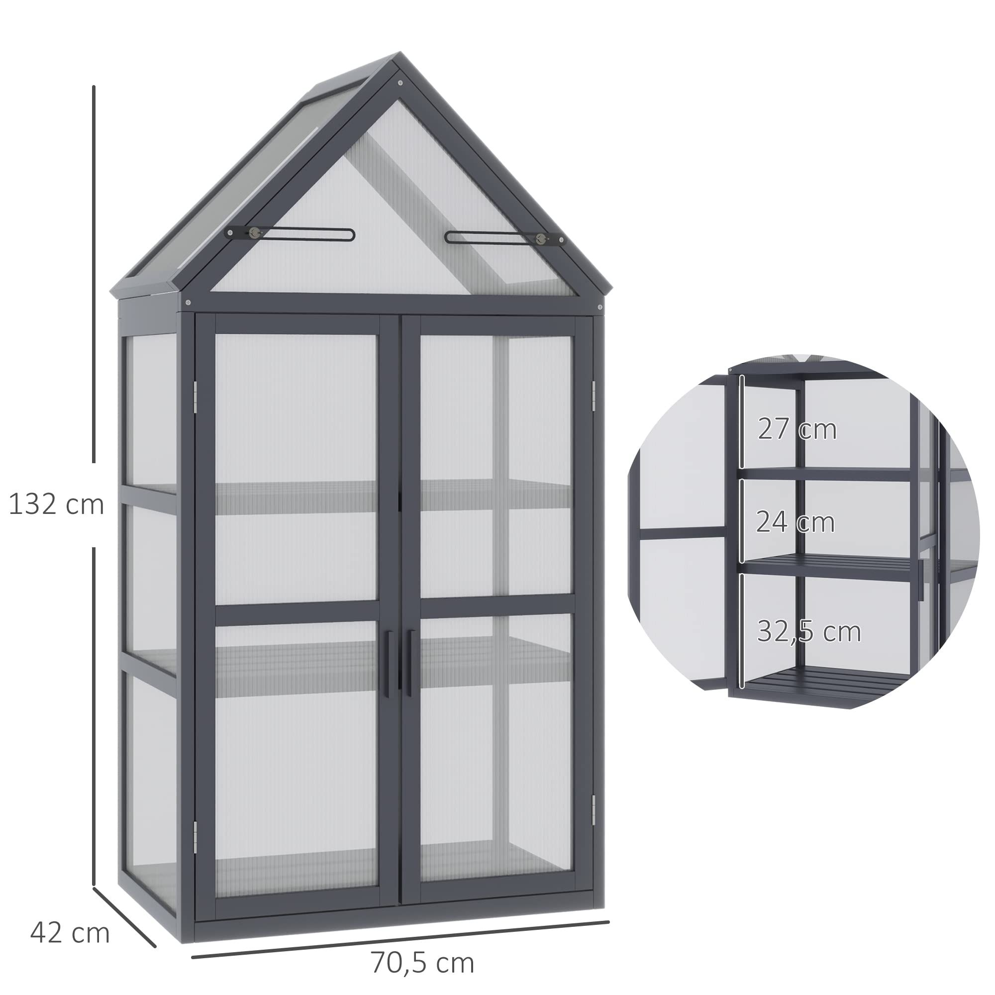 Outsunny Frühbeet Pflanzenbeet mit 3 Ebenen, aufklappbarem Dach wetterfest Mini Gewächshaus mit Doppeltüren Treibhaus aus Holz Polycarbonat Natur 70,5 x 42 x 132 cm