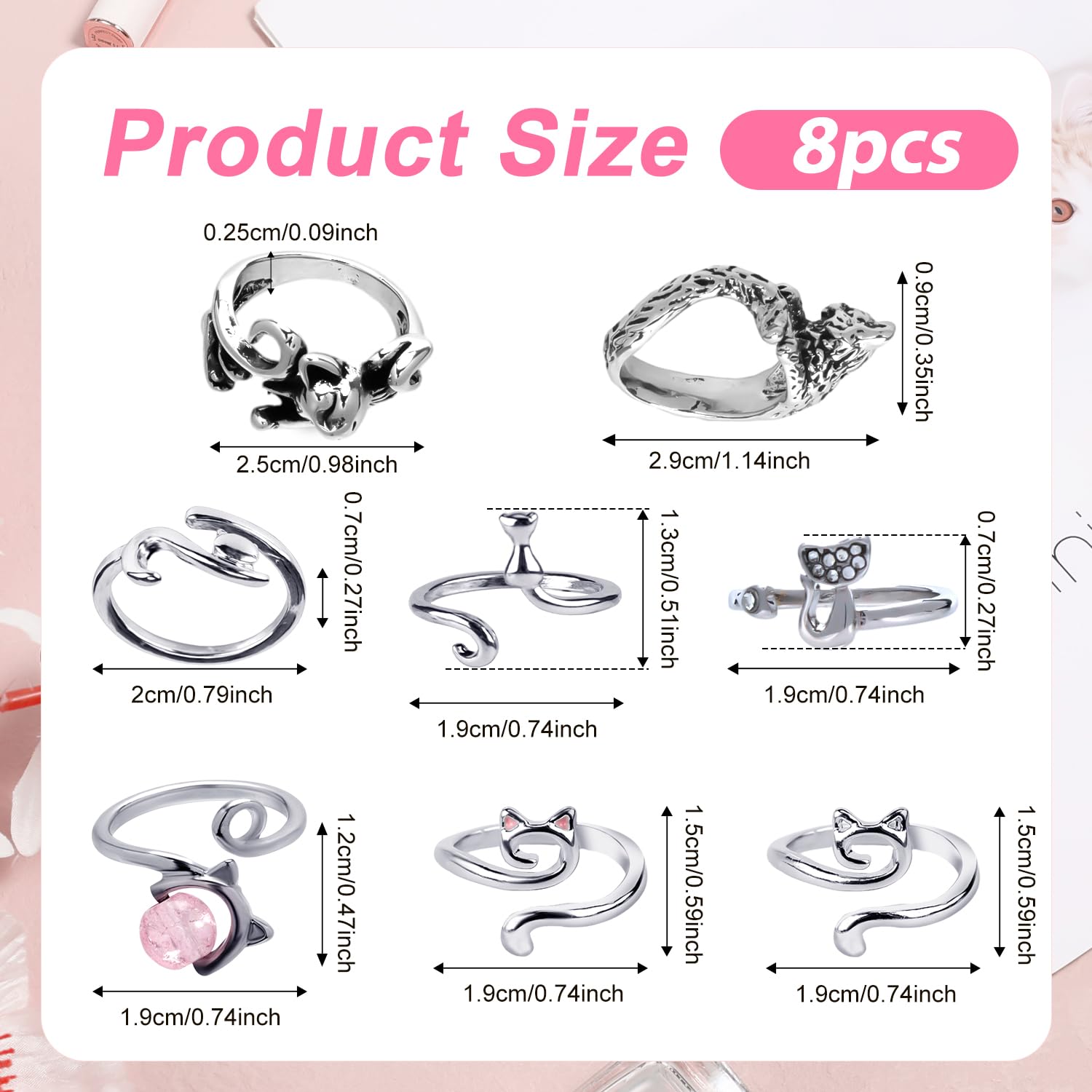 NQEUEPN 8pcs Adjustable Crochet Tension Ring for Finger, Cute Cat Styled Novel Knitting Crochet Loops Yarn Guide Ring Finger Holders Knitting Thimble Gift for Crocheting Lovers (8 Styles), silver