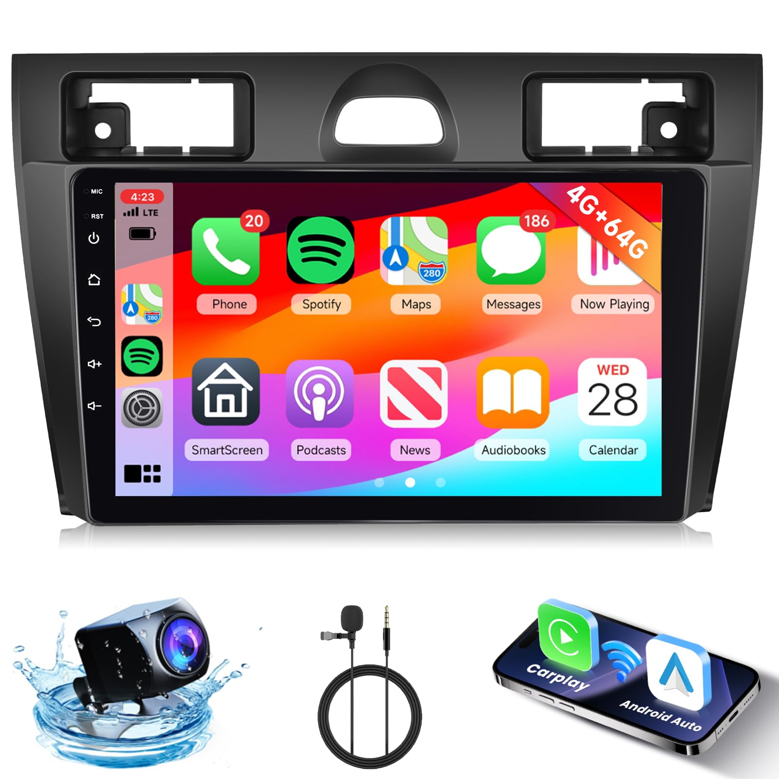 4G+64G Android Autoradio Per Ford Fiesta 2006-2011 Carplay Android Auto Wireless, Hodozzy Auto Radio 9 Pollici Touch Screen Auto Stereo 2 Din GPS Navigazione, WiFi, Bluetooth DSP, FM/RDS+Retrocamera