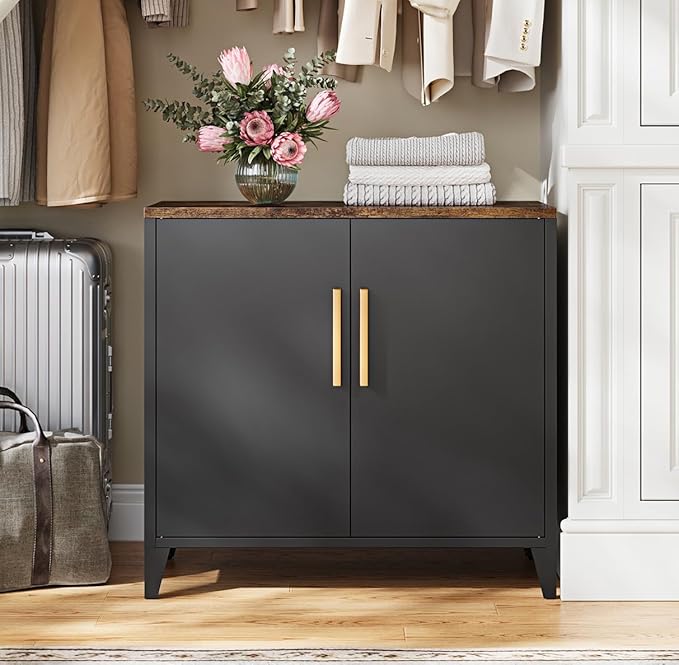 Amazon.com: Letaya Storage Cabinet with 2 Doors,Metal Small Buffet Sideboard Cabinet for Entryway, Kitchen, White (Black) : Home & Kitchen