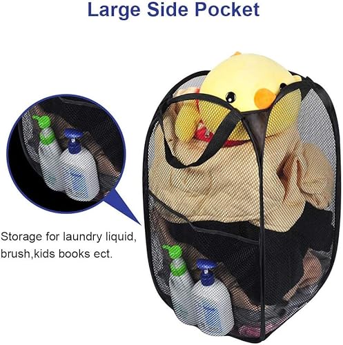 Miniatura 6 de Cesta de ropa de malla emergente de Larpur, cesta de lavandería plegable y portátil para ropa con asa de transporte reforzada (Negro 2 piezas)