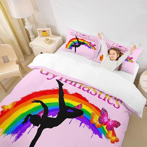Miniatura 3 de Juego de funda de edredón para amantes de la gimnasia, tamaño Queen, silueta de gimnasta, juego de ropa de cama rosa para niños, adolescentes y