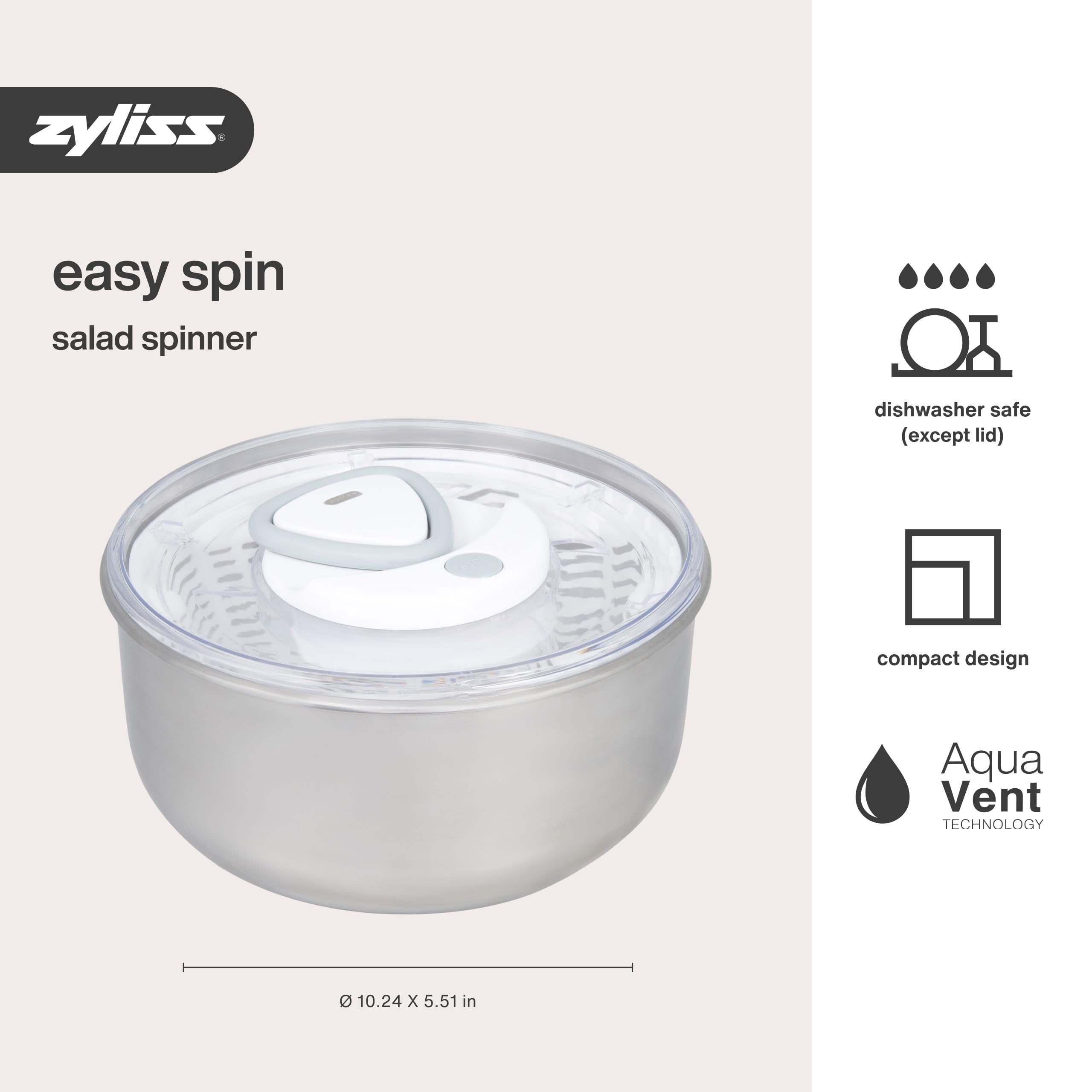Zyliss Easy Spin 2 Centrifuga Per Insalata, Grande, Acciaio Inossidabile, Bianco, Insalatiera con Coperchio, Scolaverdure, Lavabile in Lavastoviglie