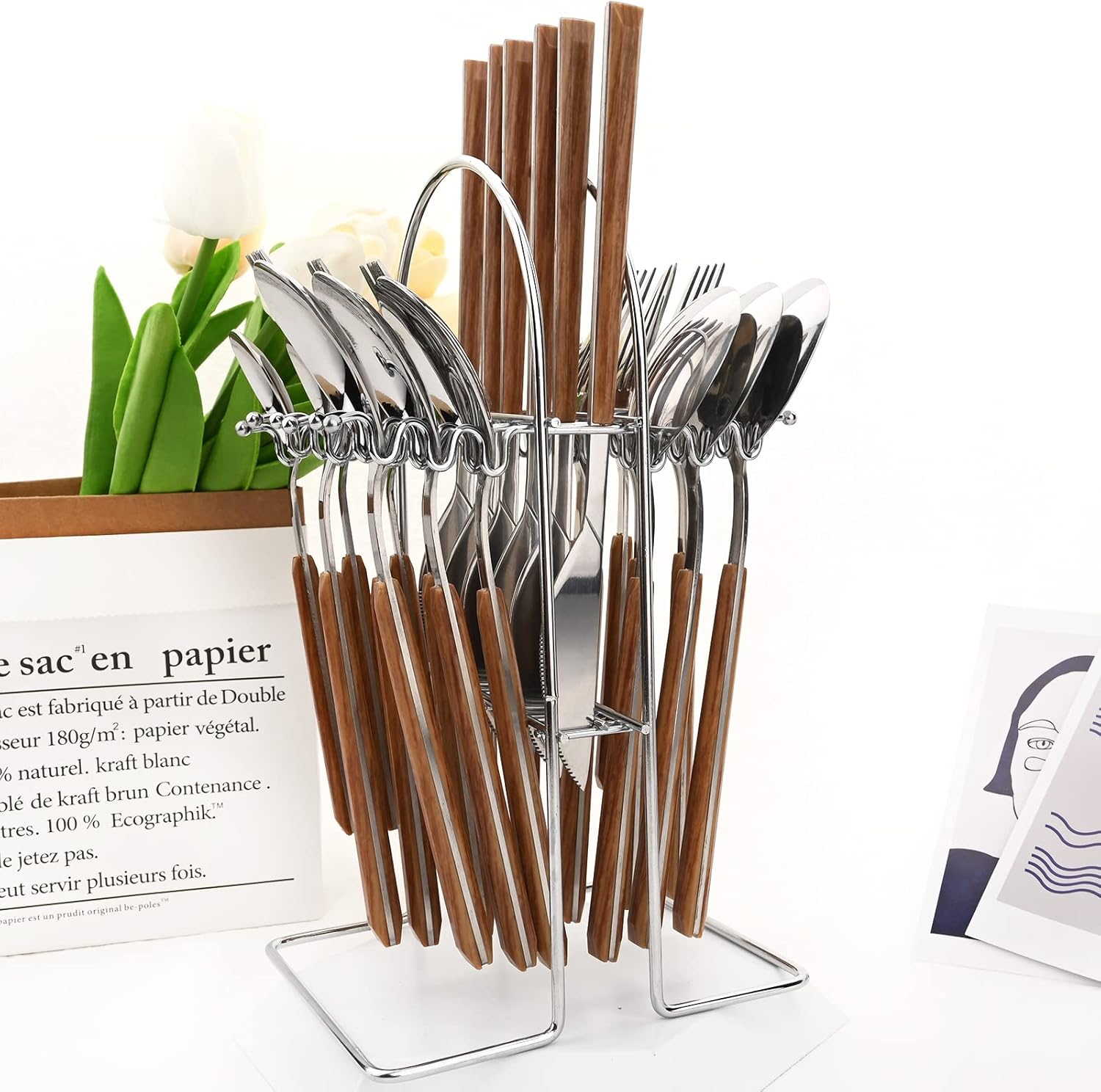 Silverware Set, 24 Piece Mirror Flatware Set With Stand, Stainless Steel Utensils With Wooden Handle, A Complete Cutlery Set For Most Families, Service For 6