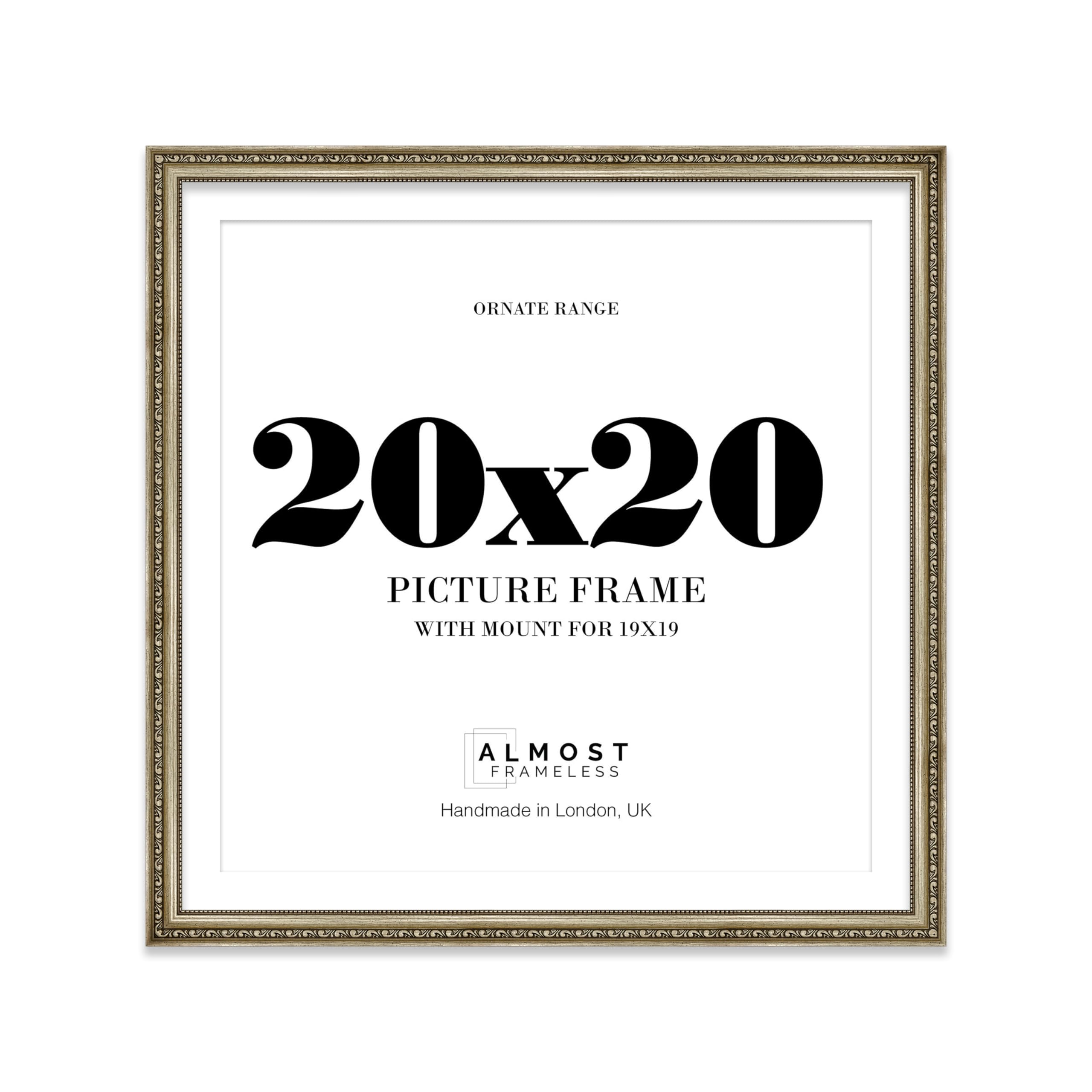 20x20 Champagne Silver Ornate Photo Frame With White Mat For 19x19 Picture, Ready to Hang, 1 Pack