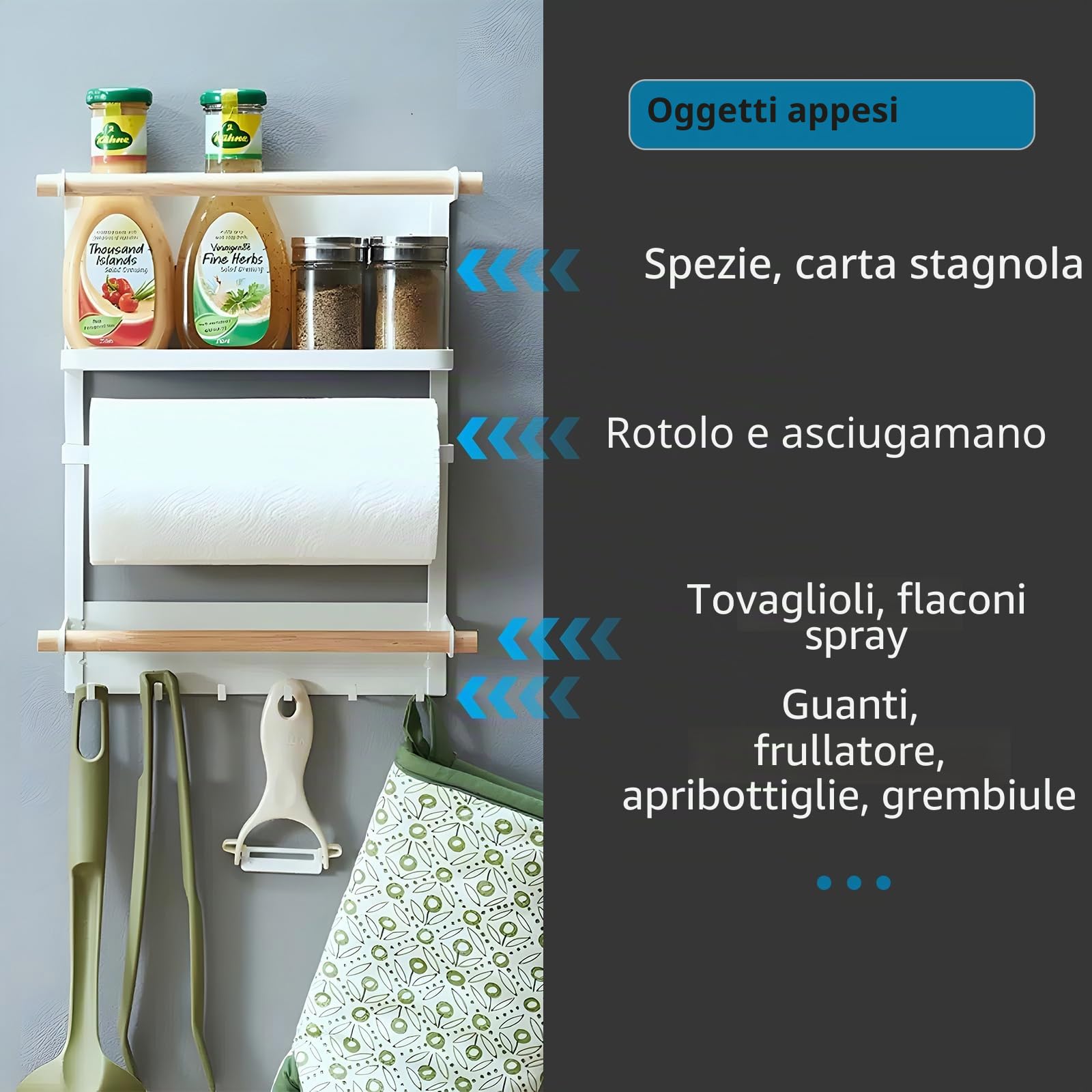Mensola Magnetica Porta Spezie per Frigorifero – Organizer da Cucina a 3 Ripiani con 6 Ganci, Design in Legno – Scaffale per Spezie, Asciugamani, Barattoli e Carta da Cucina